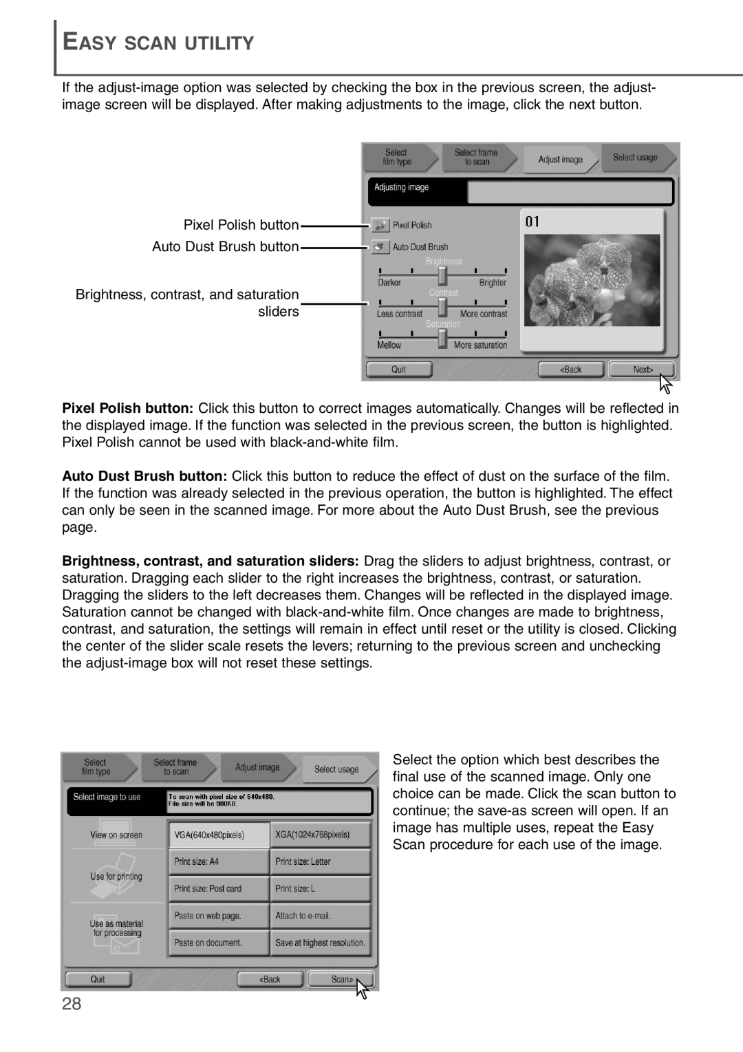 Konica Minolta AF-2840 instruction manual Easy Scan Utility, Pixel Polish button Auto Dust Brush button 