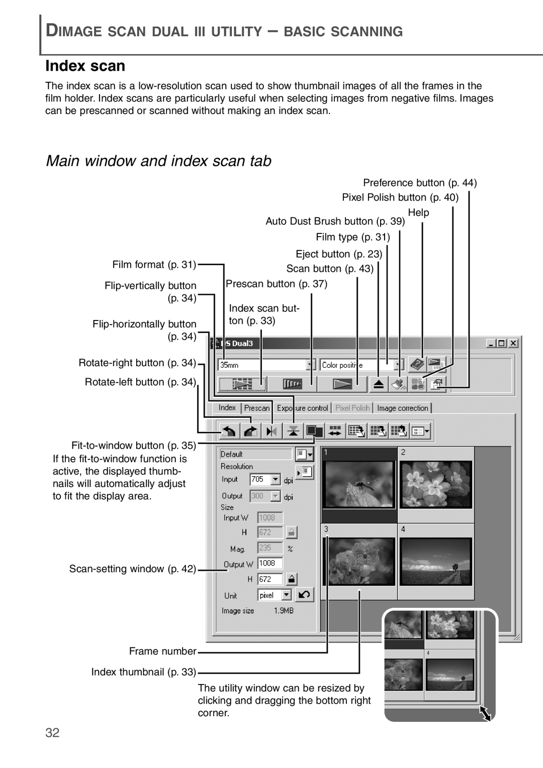 Konica Minolta AF-2840 Index scan, Main window and index scan tab, Dimage Scan Dual Iii Utility – Basic Scanning 