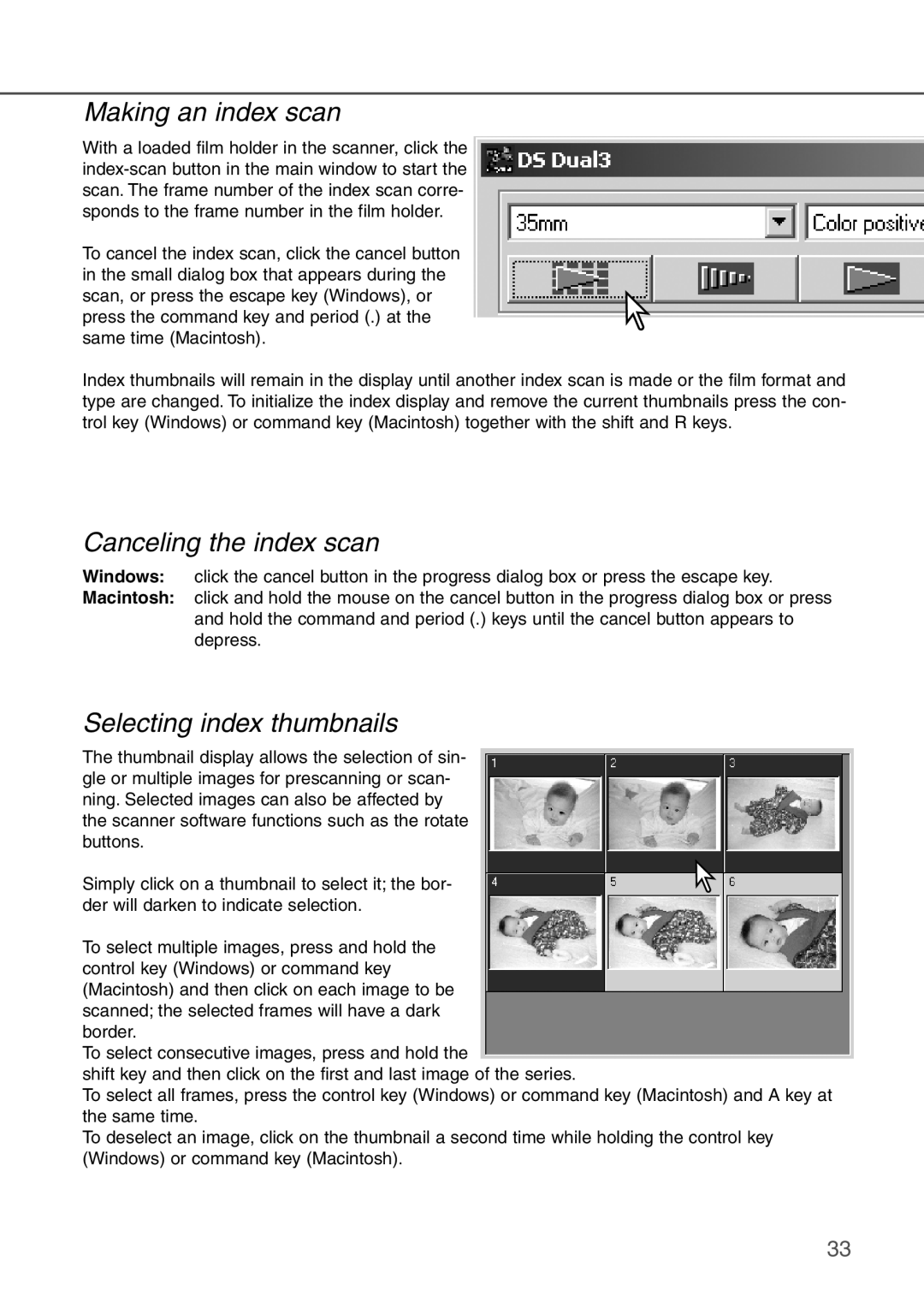 Konica Minolta AF-2840 instruction manual Making an index scan, Canceling the index scan, Selecting index thumbnails 