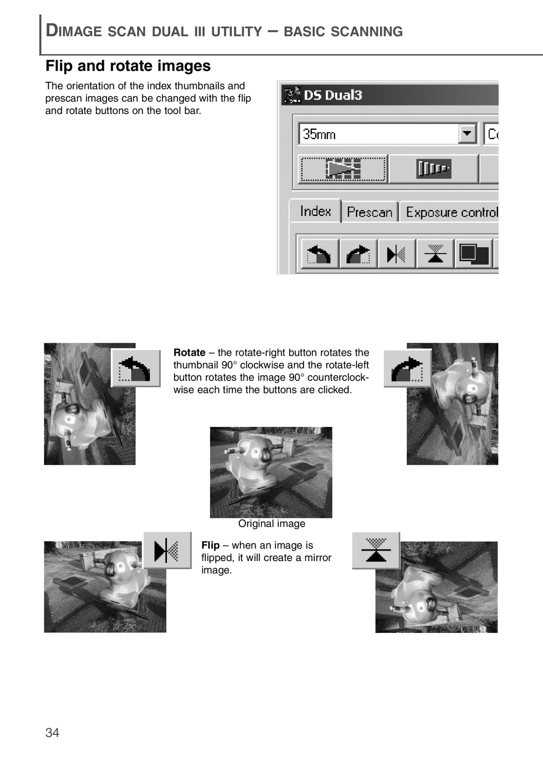 Konica Minolta AF-2840 instruction manual Flip and rotate images, Dimage Scan Dual Iii Utility – Basic Scanning 