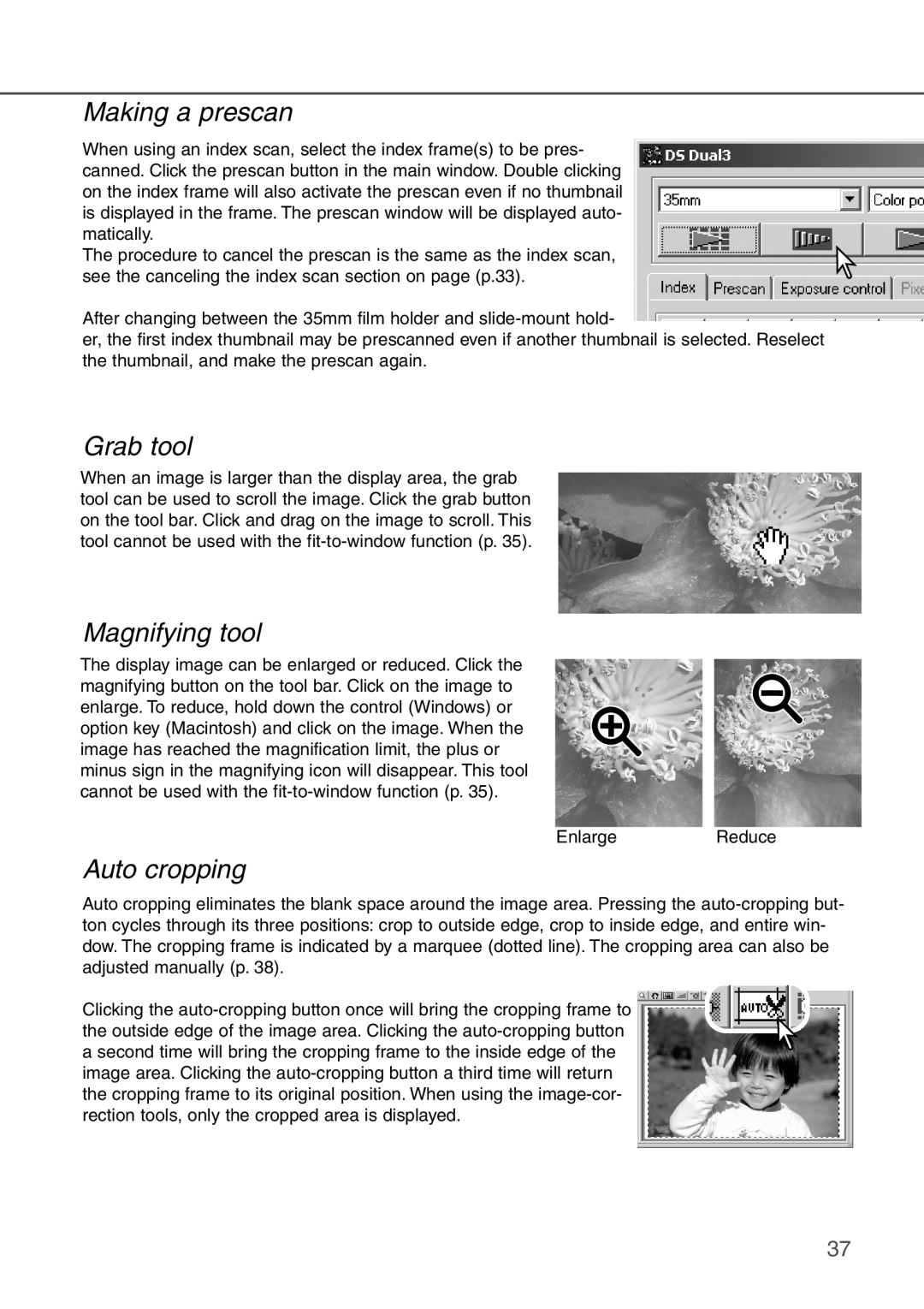 Konica Minolta AF-2840 instruction manual Making a prescan, Grab tool, Magnifying tool, Auto cropping 