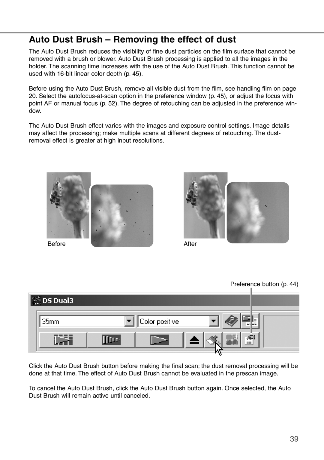 Konica Minolta AF-2840 instruction manual Auto Dust Brush - Removing the effect of dust 