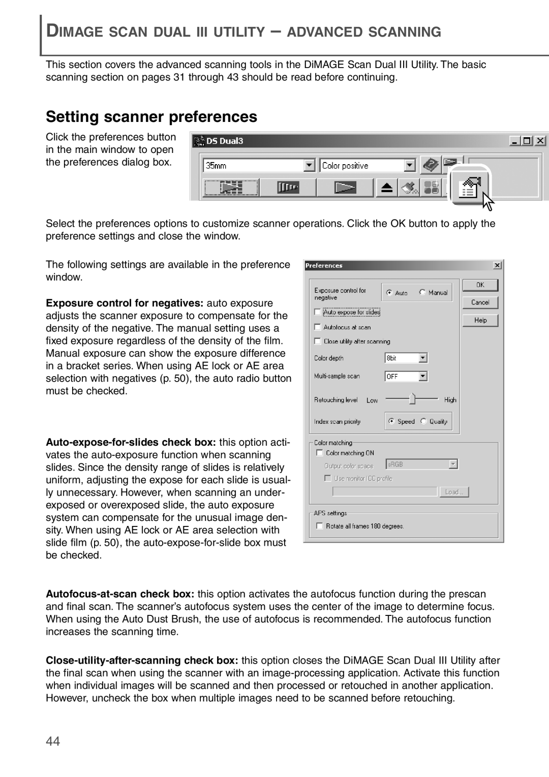 Konica Minolta AF-2840 instruction manual Setting scanner preferences, Dimage Scan Dual Iii Utility – Advanced Scanning 
