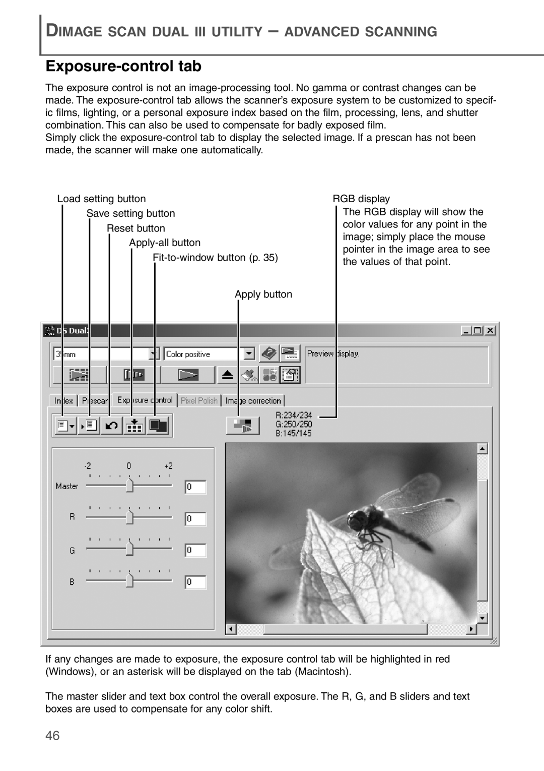 Konica Minolta AF-2840 instruction manual Exposure-controltab, Dimage Scan Dual Iii Utility – Advanced Scanning 