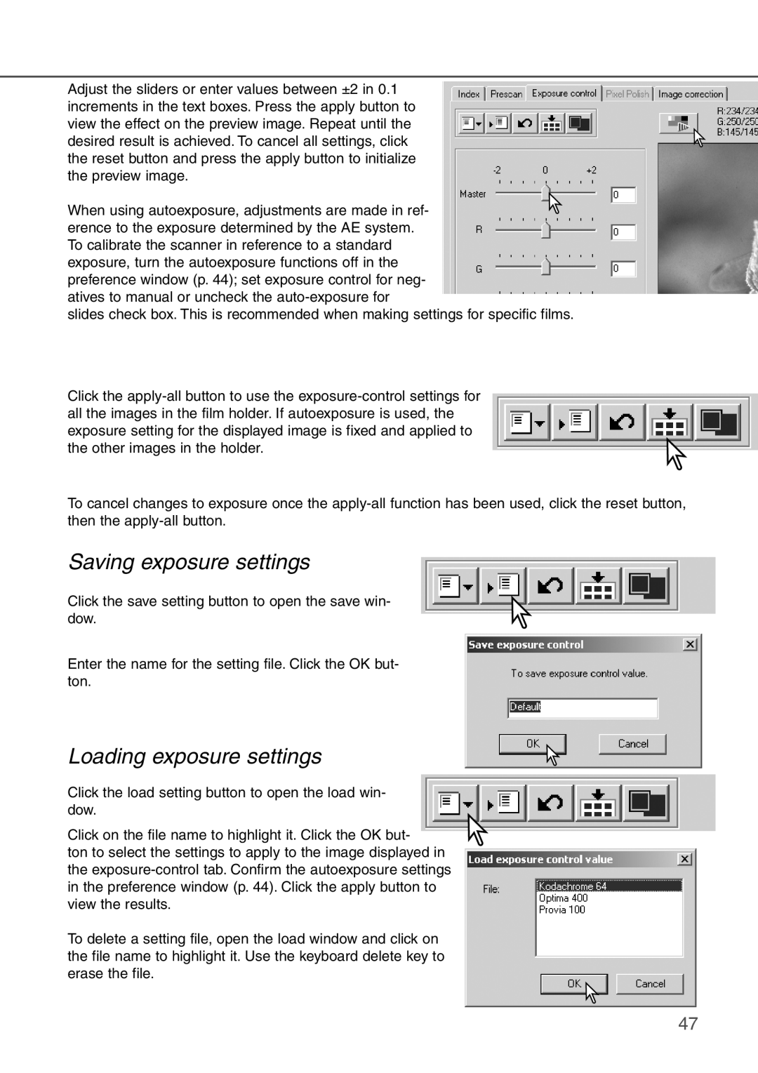 Konica Minolta AF-2840 instruction manual Saving exposure settings, Loading exposure settings 