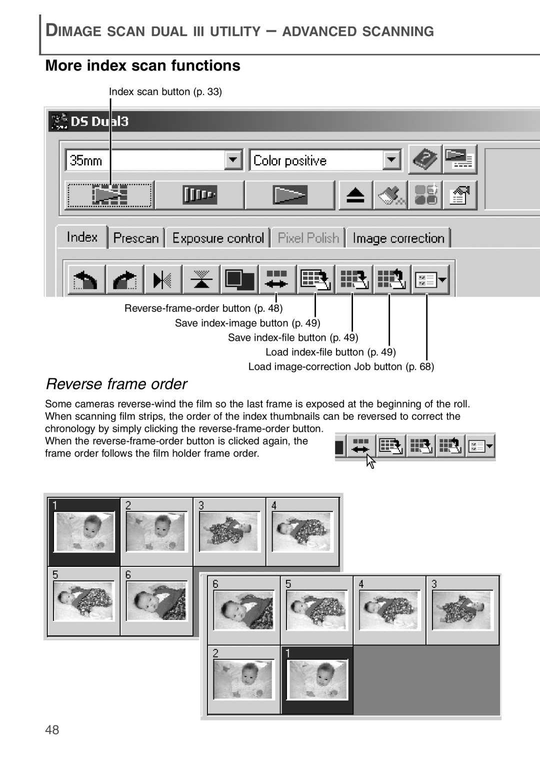 Konica Minolta AF-2840 More index scan functions, Reverse frame order, Dimage Scan Dual Iii Utility – Advanced Scanning 