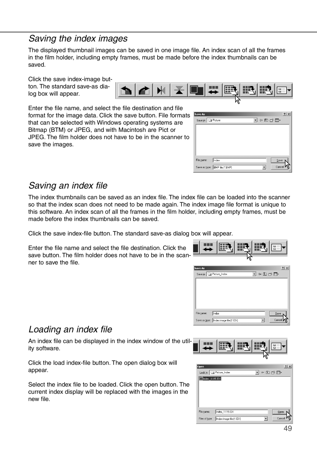 Konica Minolta AF-2840 instruction manual Saving the index images, Saving an index file, Loading an index file 