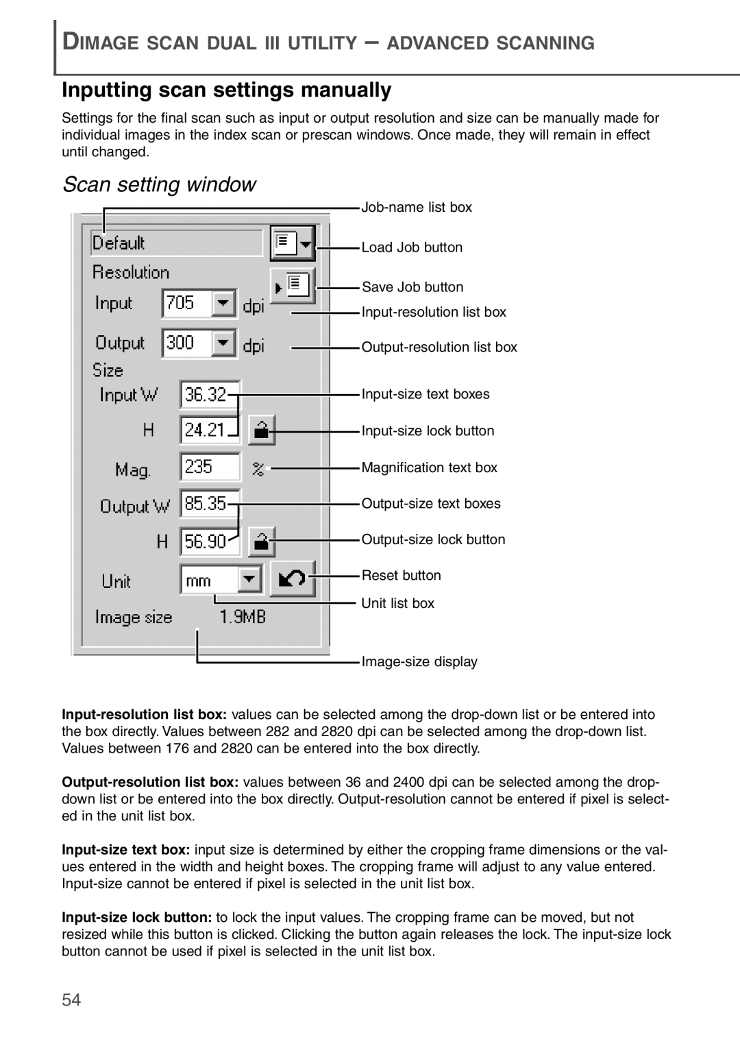 Konica Minolta AF-2840 instruction manual Inputting scan settings manually, Scan setting window 