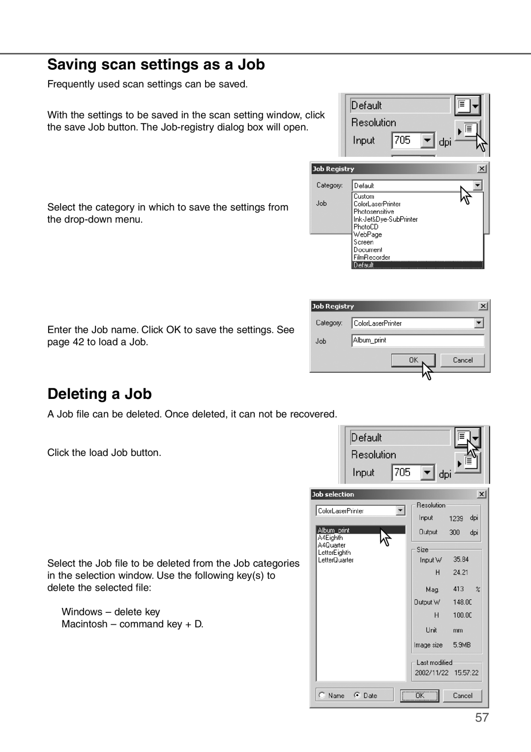 Konica Minolta AF-2840 instruction manual Saving scan settings as a Job, Deleting a Job 
