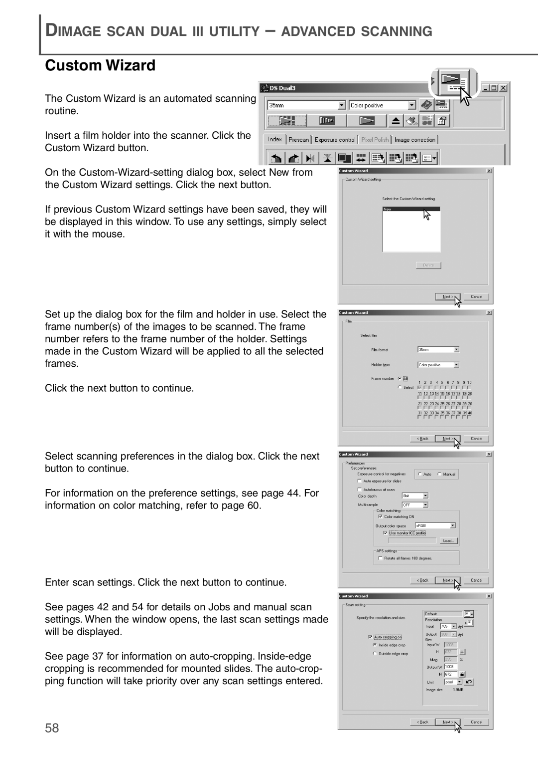 Konica Minolta AF-2840 instruction manual Custom Wizard, Dimage Scan Dual Iii Utility - Advanced Scanning 