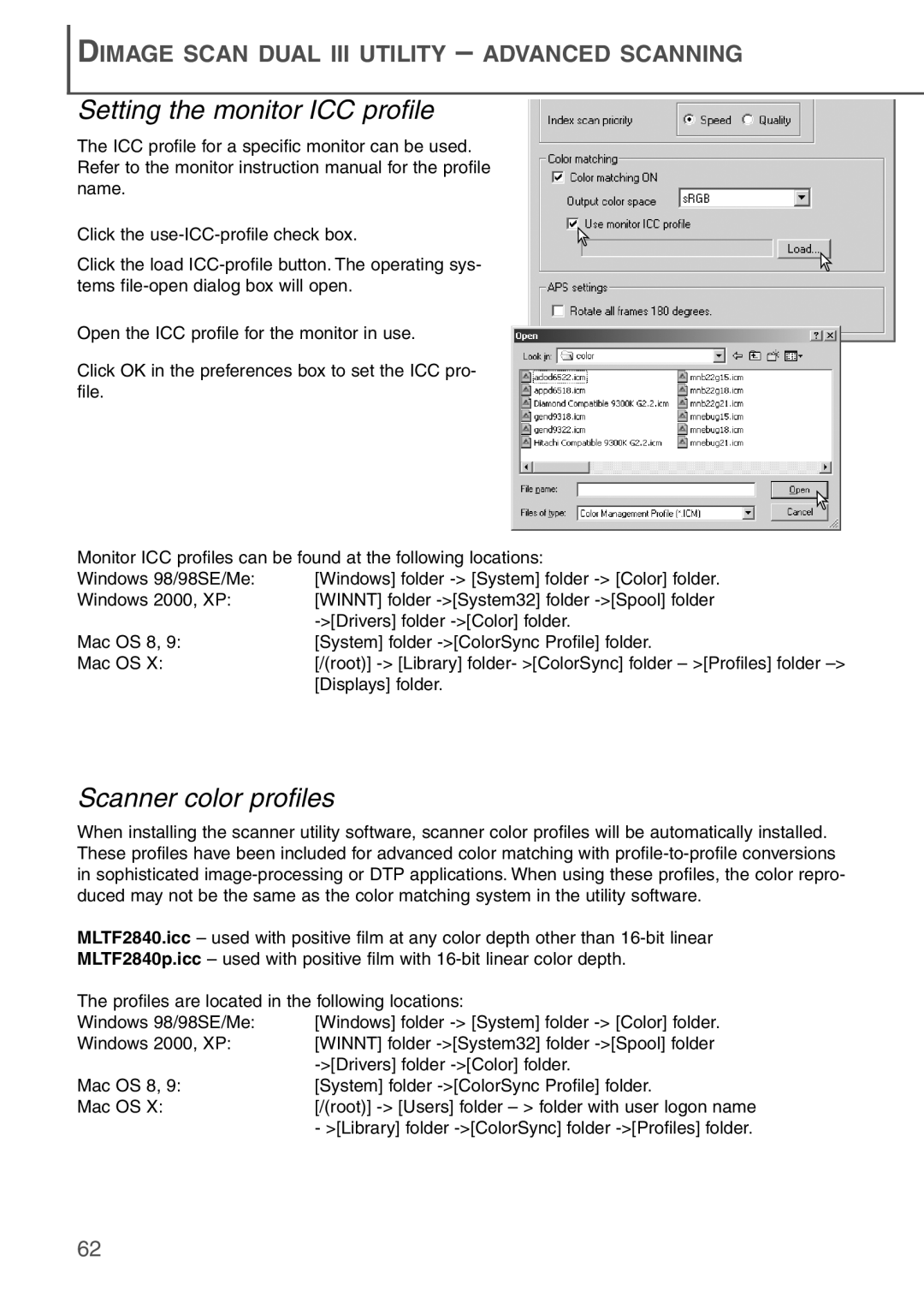Konica Minolta AF-2840 instruction manual Setting the monitor ICC profile, Scanner color profiles 