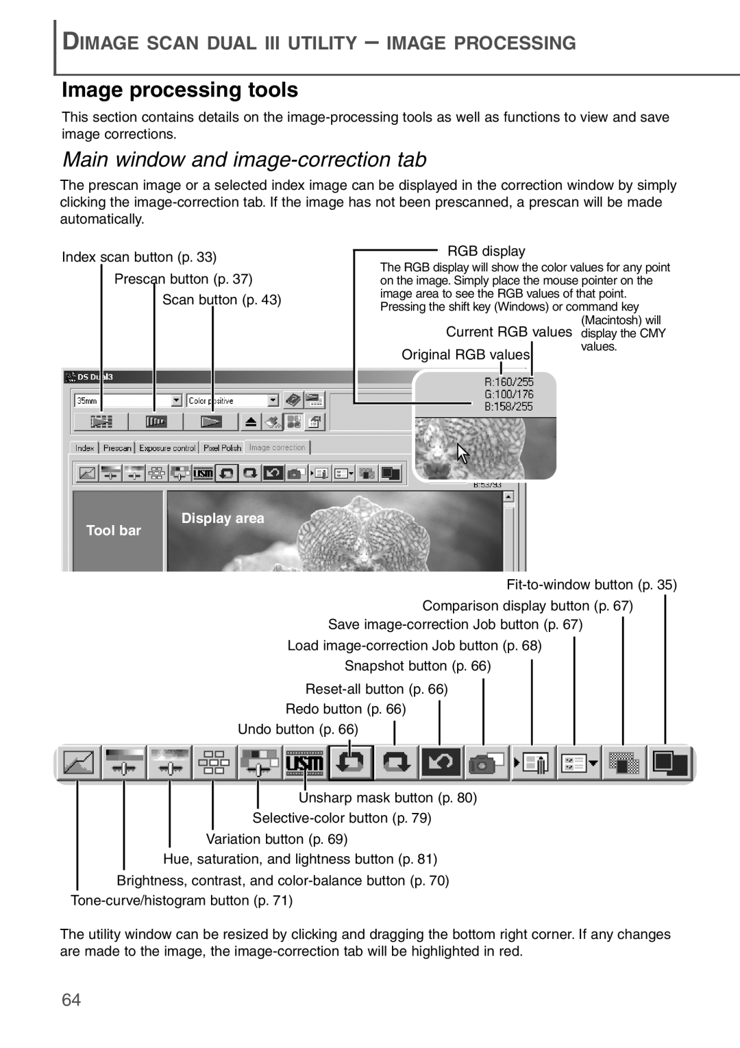 Konica Minolta AF-2840 Image processing tools, Main window and image-correctiontab, Display area Tool bar 