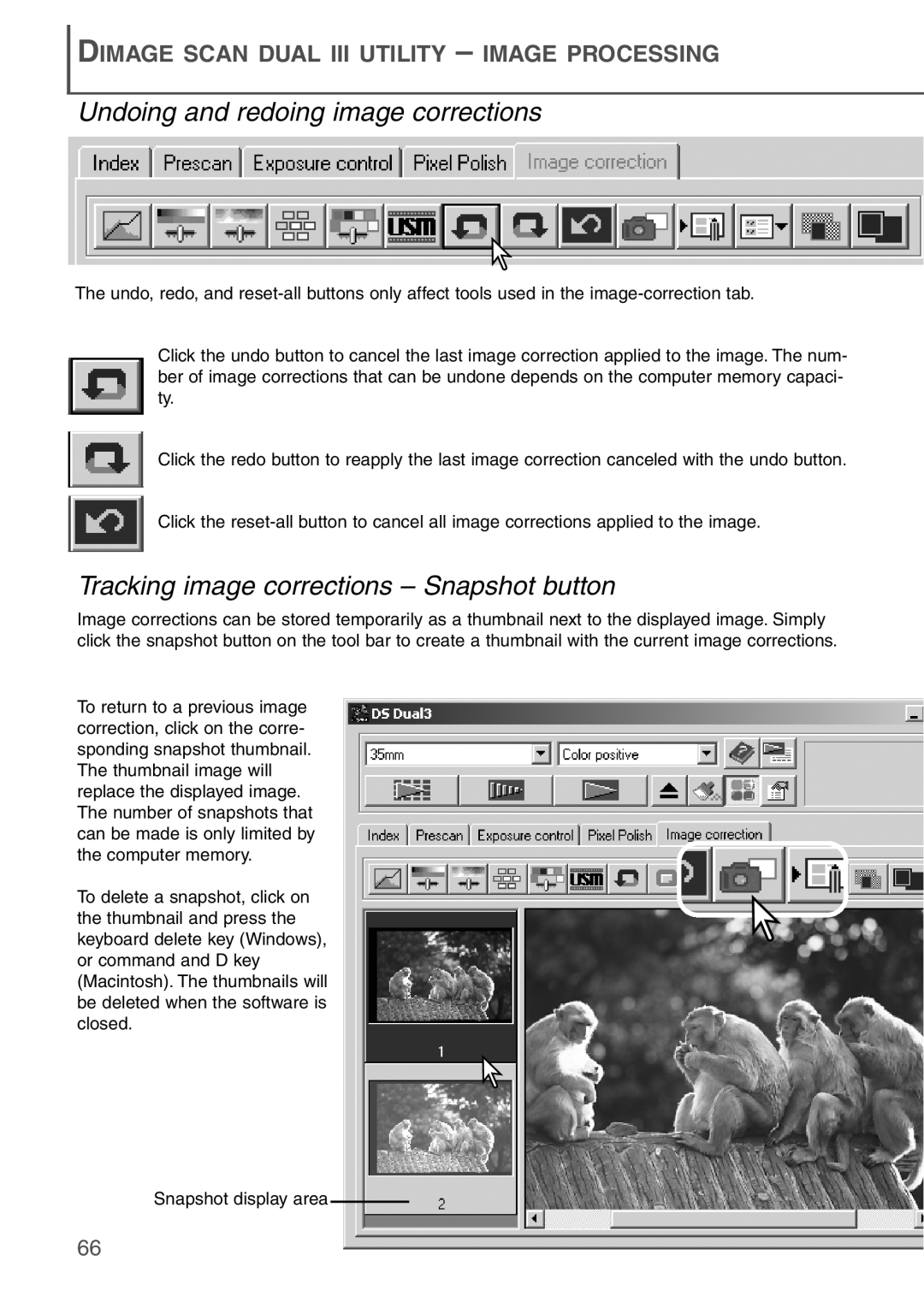 Konica Minolta AF-2840 Undoing and redoing image corrections, Tracking image corrections – Snapshot button 