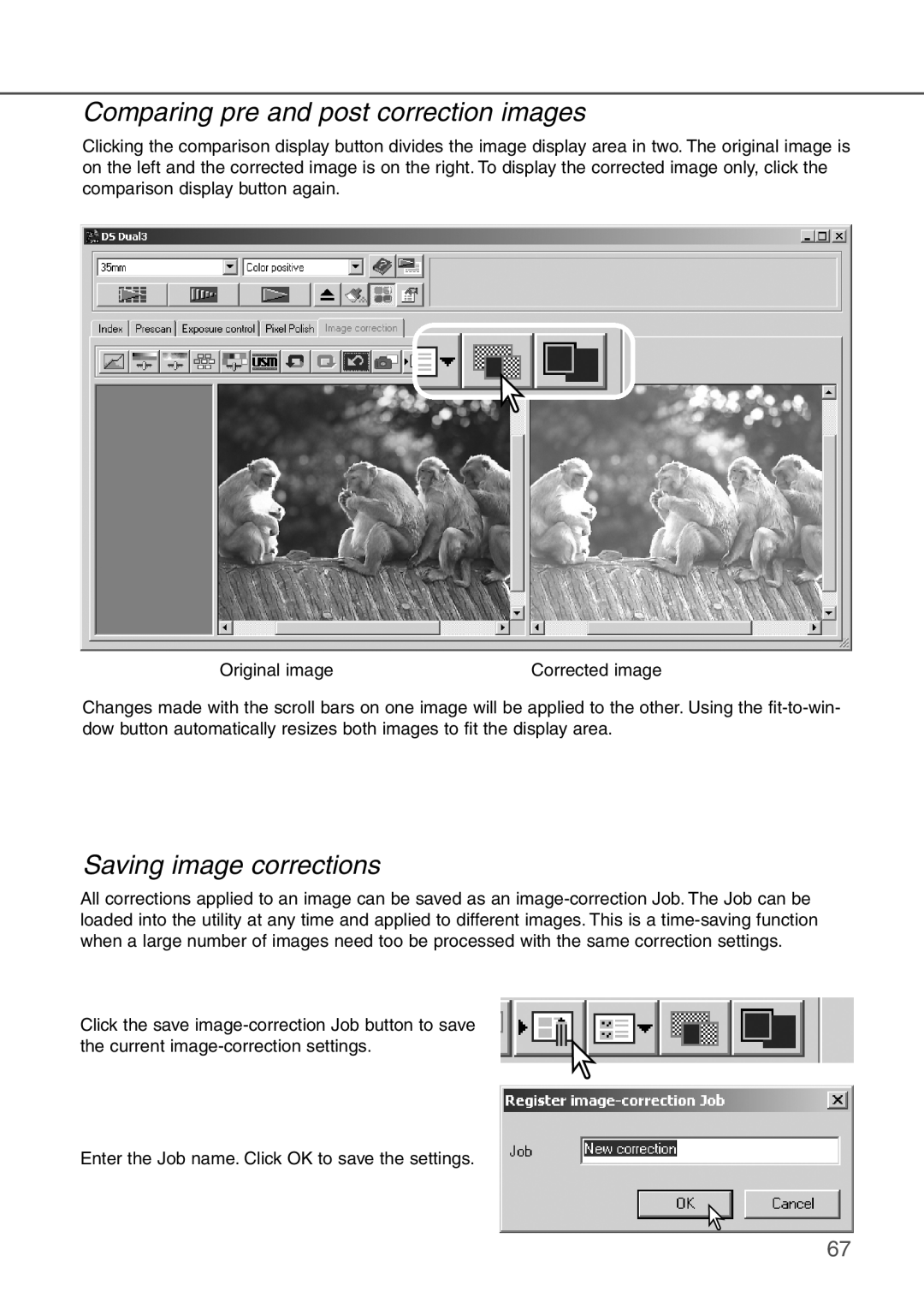 Konica Minolta AF-2840 instruction manual Comparing pre and post correction images, Saving image corrections 