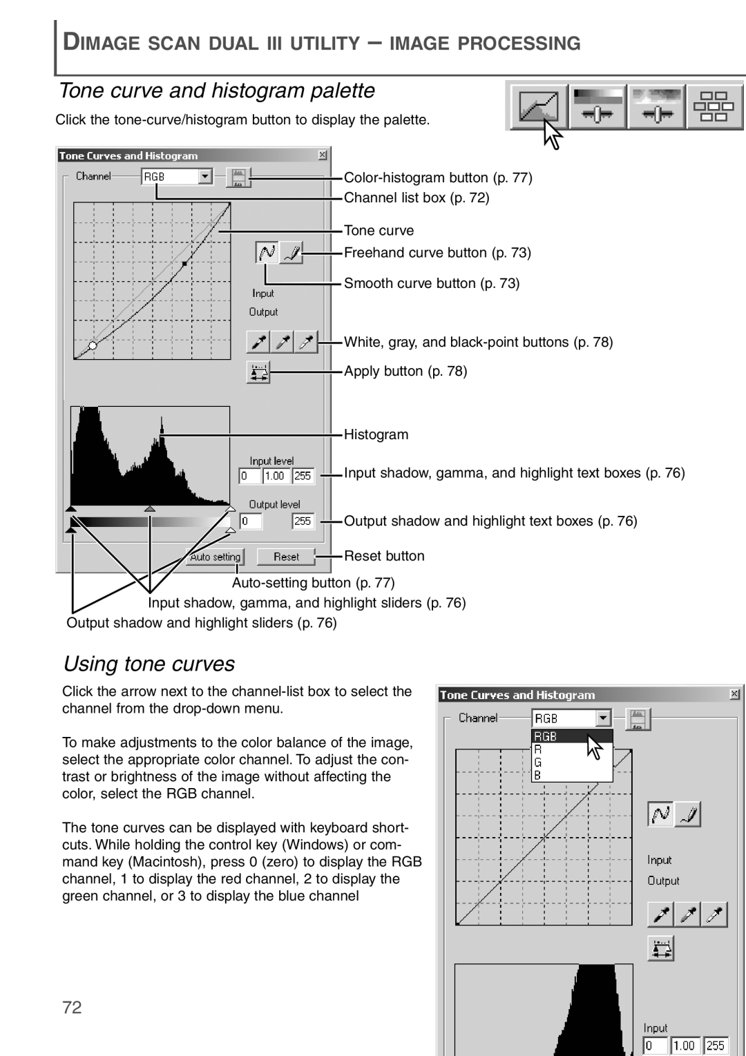 Konica Minolta AF-2840 instruction manual Tone curve and histogram palette, Using tone curves 