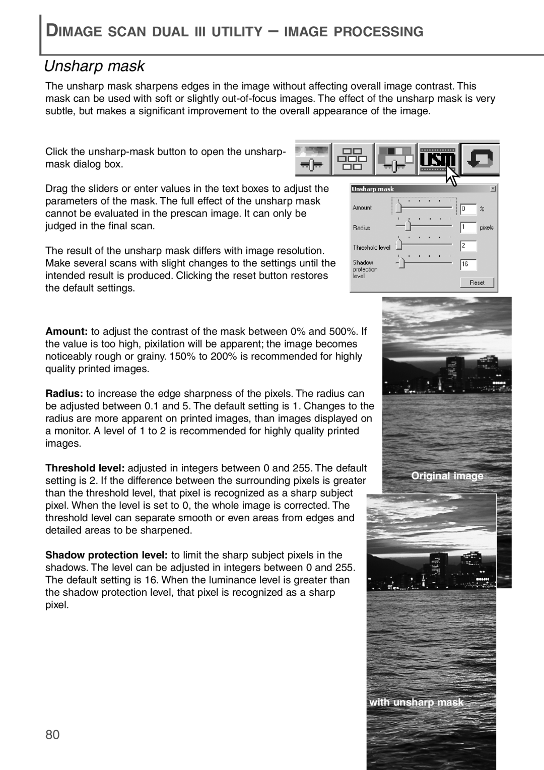 Konica Minolta AF-2840 instruction manual Unsharp mask, Dimage Scan Dual Iii Utility – Image Processing, with unsharp mask 