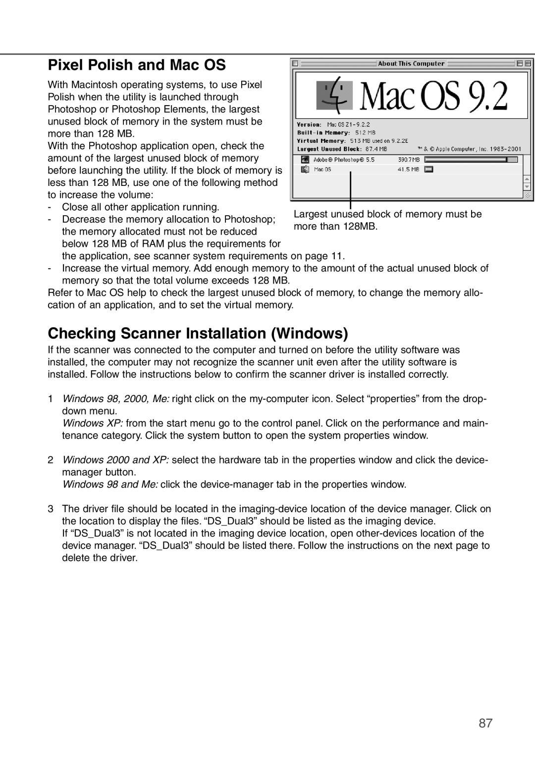 Konica Minolta AF-2840 instruction manual Pixel Polish and Mac OS, Checking Scanner Installation Windows 