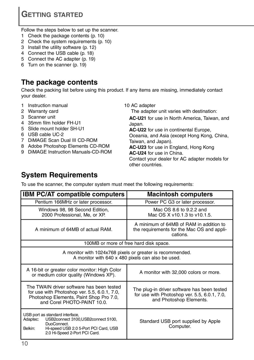 Konica Minolta AF-2840 instruction manual Package contents, System Requirements 