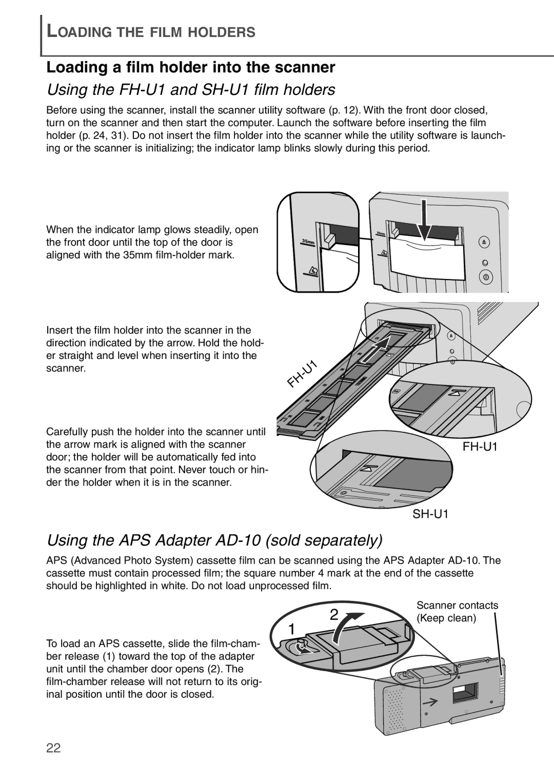 Konica Minolta AF-2840 instruction manual Loading a film holder into the scanner, Using the FH-U1 and SH-U1 film holders 