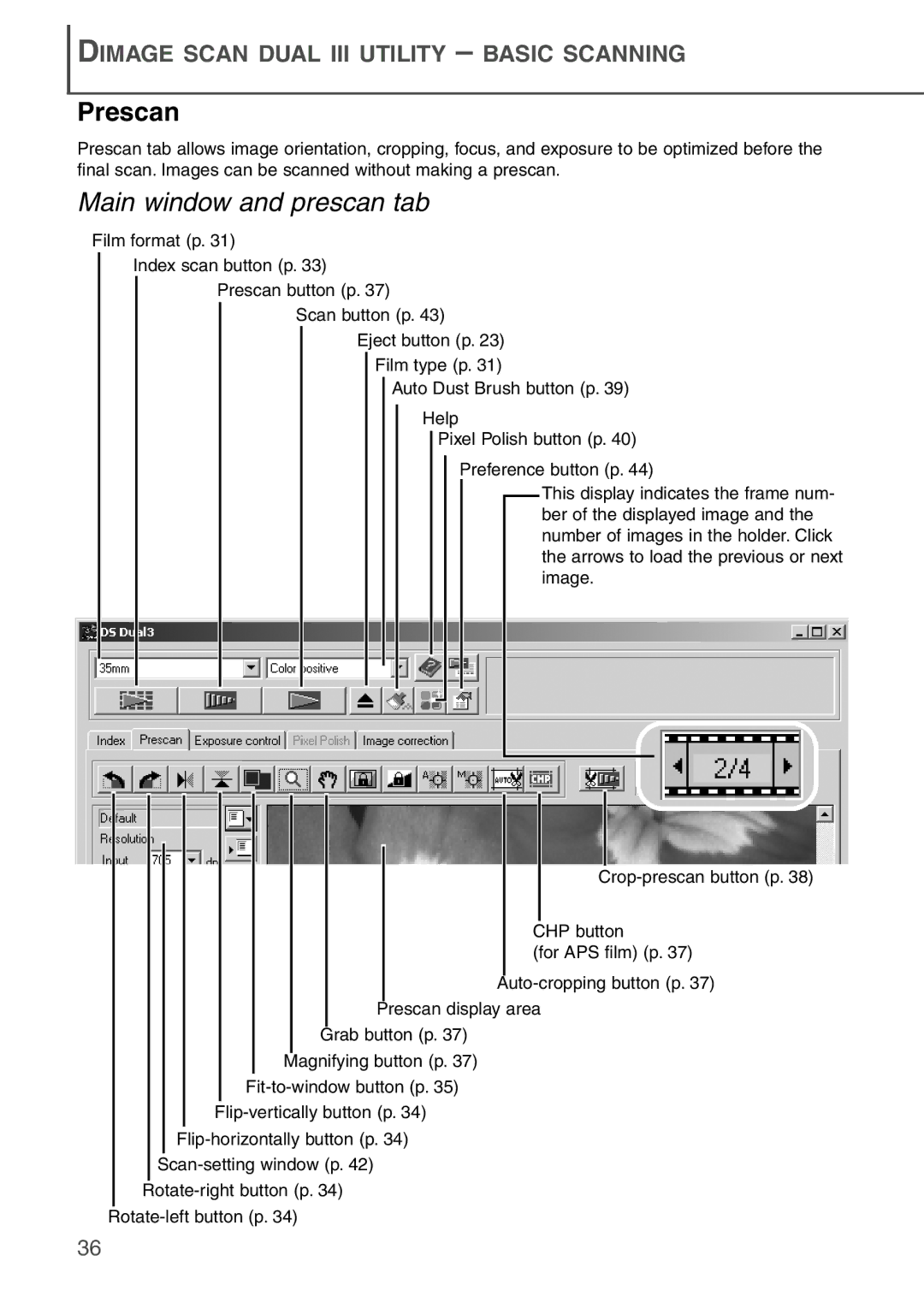 Konica Minolta AF-2840 instruction manual Prescan, Main window and prescan tab 