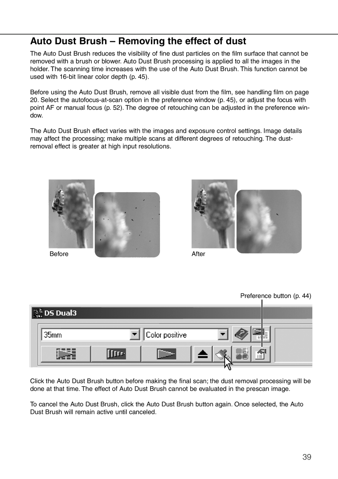 Konica Minolta AF-2840 instruction manual Auto Dust Brush Removing the effect of dust 