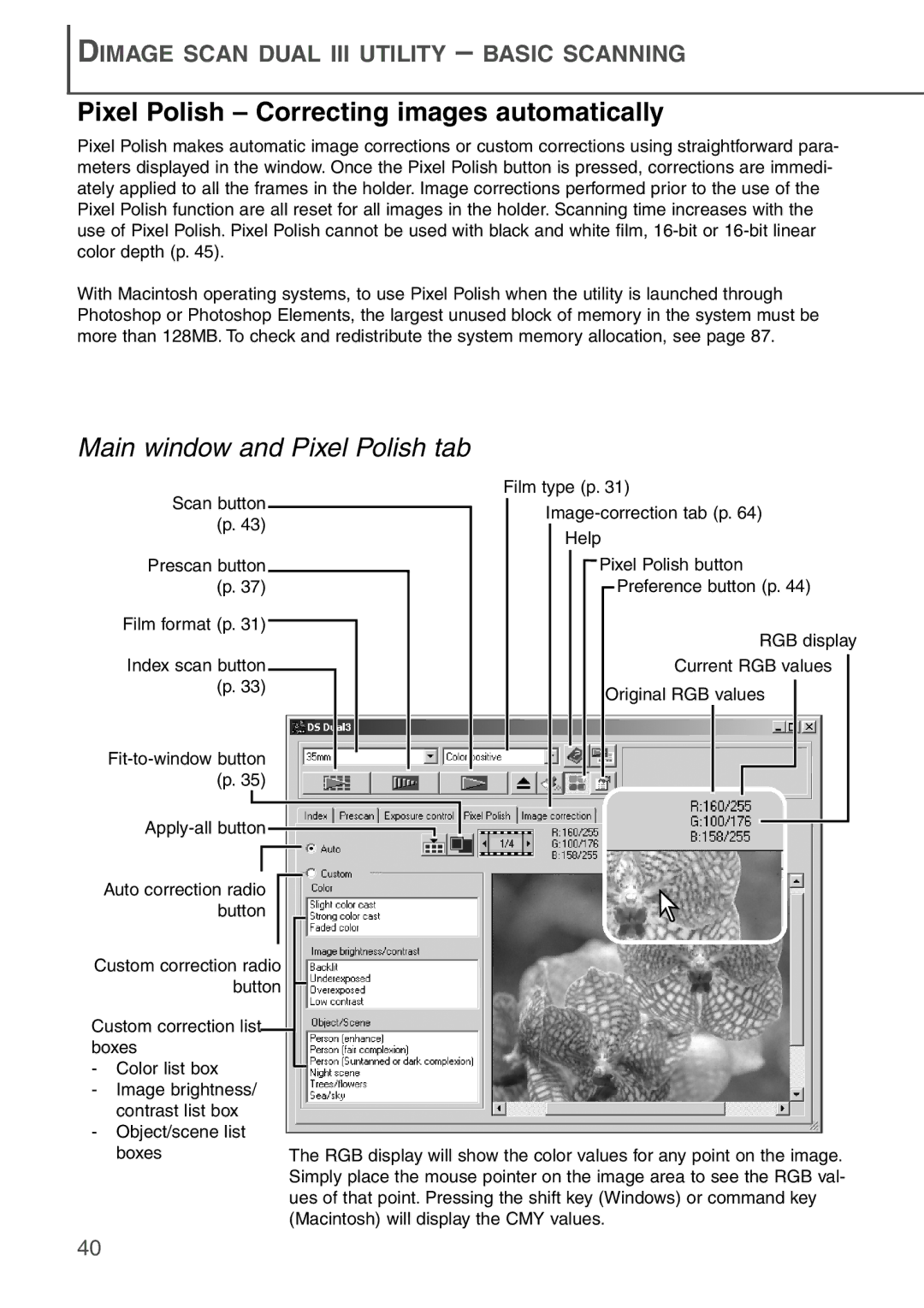 Konica Minolta AF-2840 instruction manual Pixel Polish Correcting images automatically, Main window and Pixel Polish tab 