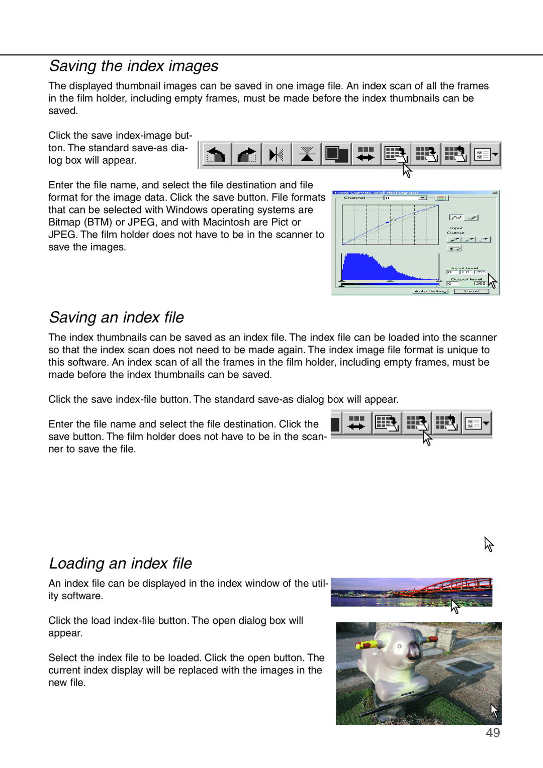 Konica Minolta AF-2840 instruction manual Saving the index images, Saving an index file, Loading an index file 