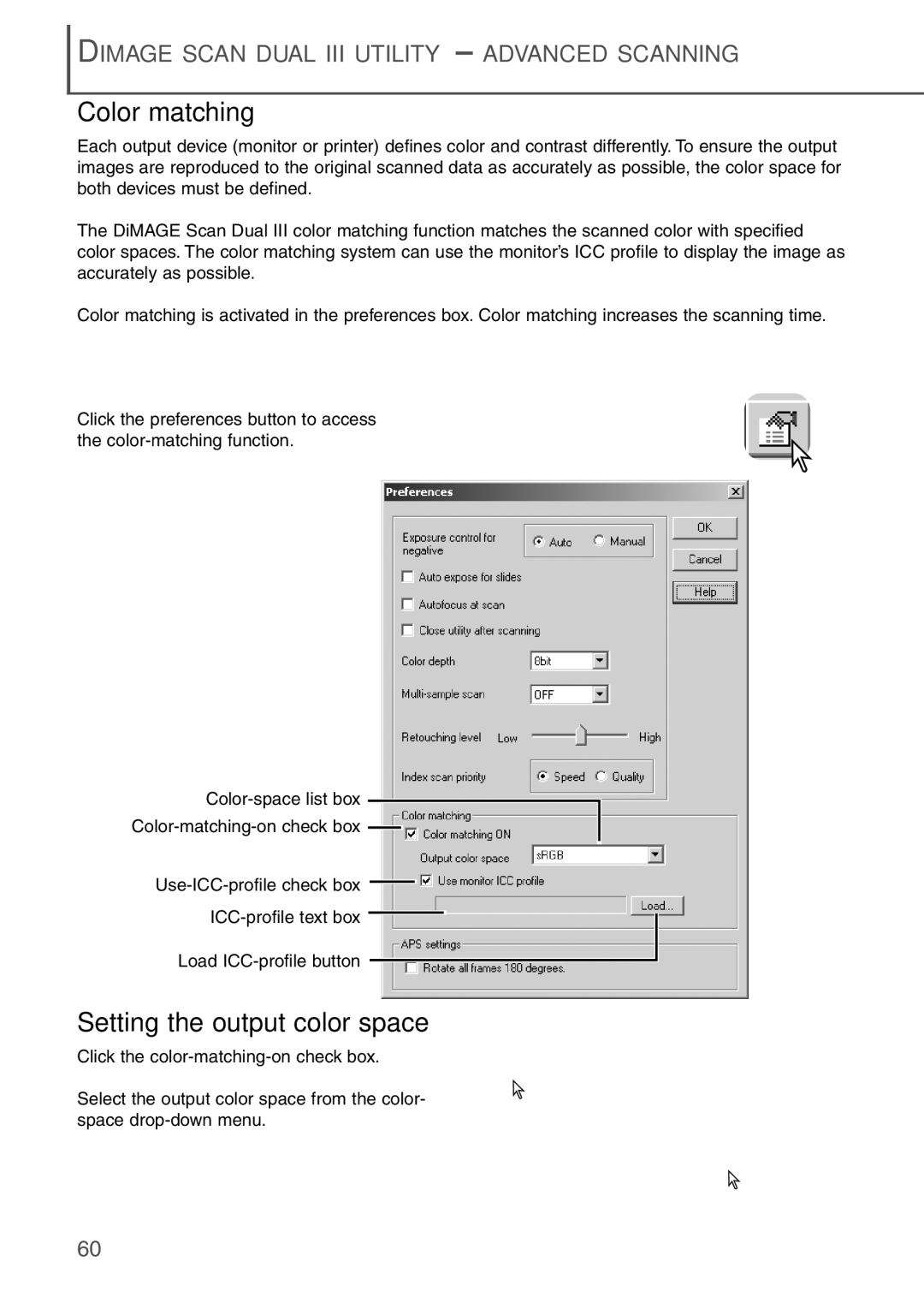 Konica Minolta AF-2840 instruction manual Color matching, Setting the output color space 