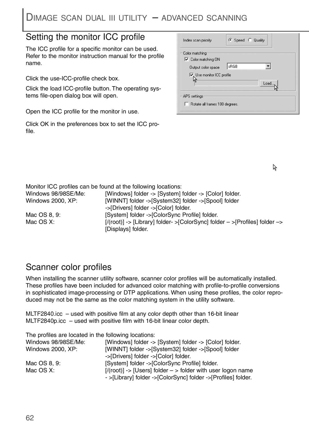 Konica Minolta AF-2840 instruction manual Setting the monitor ICC profile, Scanner color profiles 