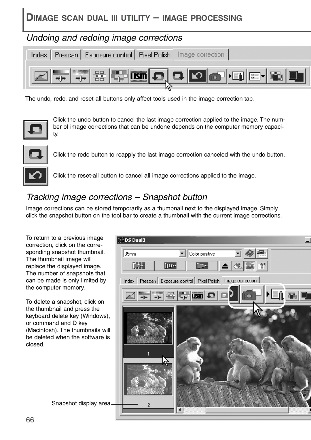 Konica Minolta AF-2840 instruction manual Undoing and redoing image corrections, Tracking image corrections Snapshot button 