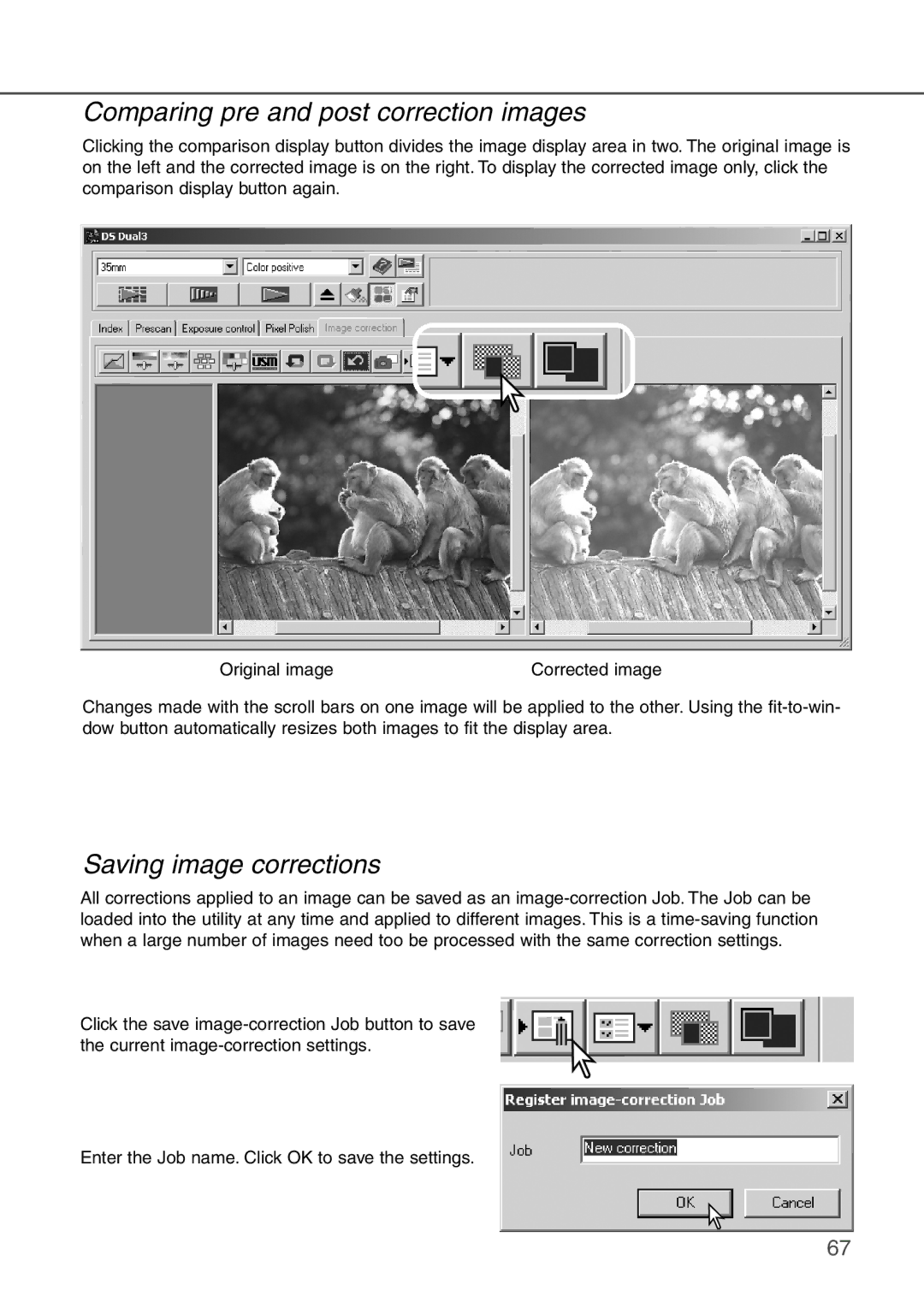 Konica Minolta AF-2840 instruction manual Comparing pre and post correction images, Saving image corrections 