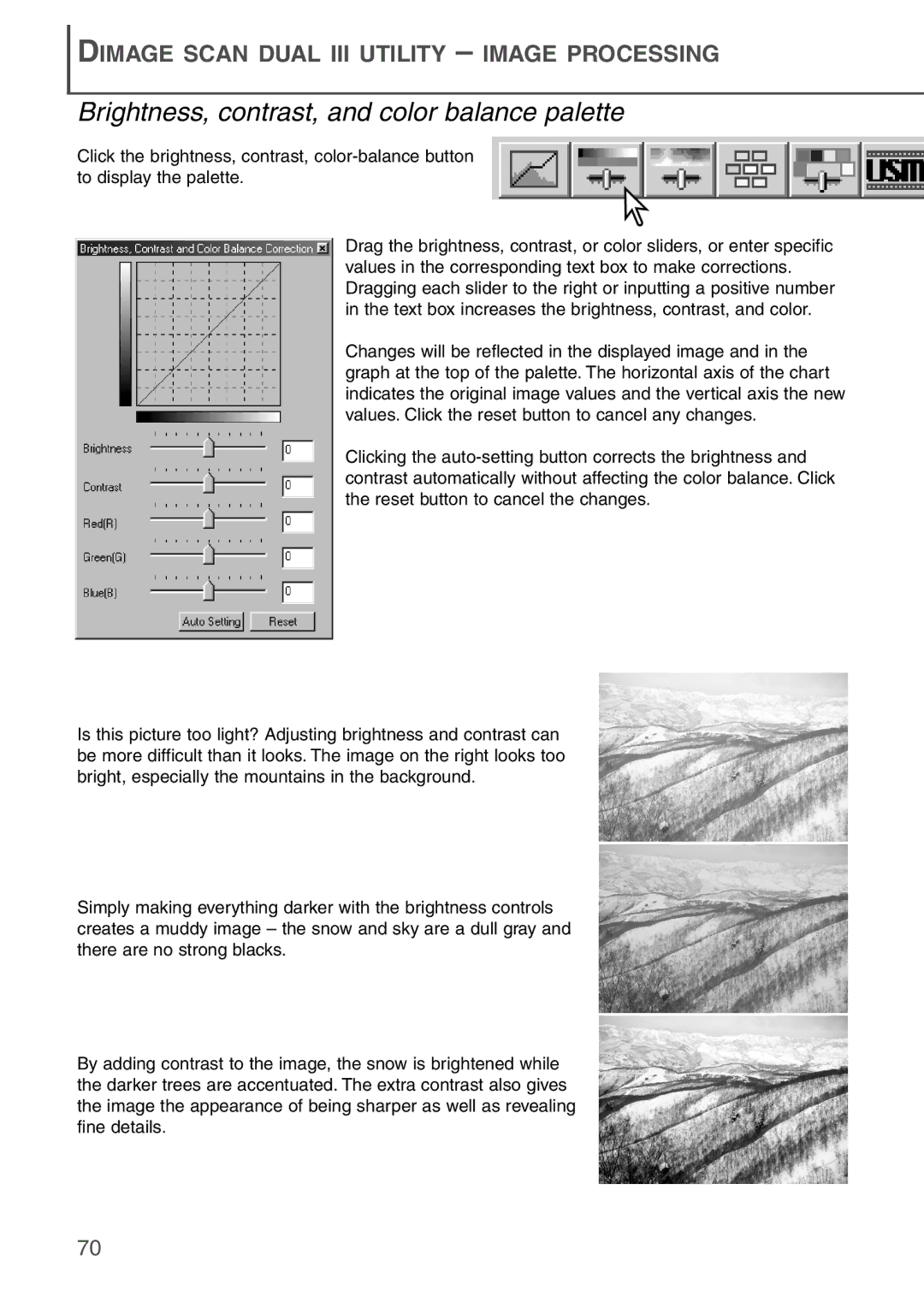 Konica Minolta AF-2840 instruction manual Brightness, contrast, and color balance palette 