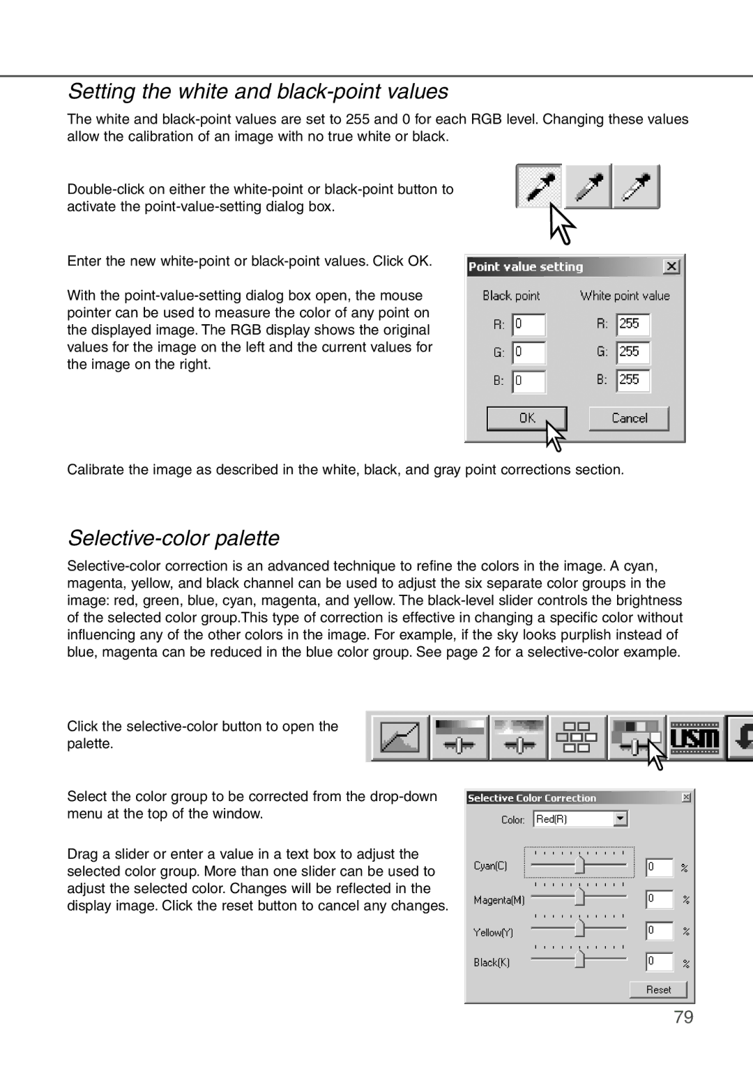 Konica Minolta AF-2840 instruction manual Setting the white and black-point values, Selective-color palette 