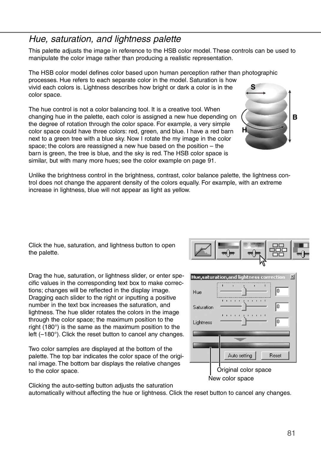 Konica Minolta AF-2840 instruction manual Hue, saturation, and lightness palette 