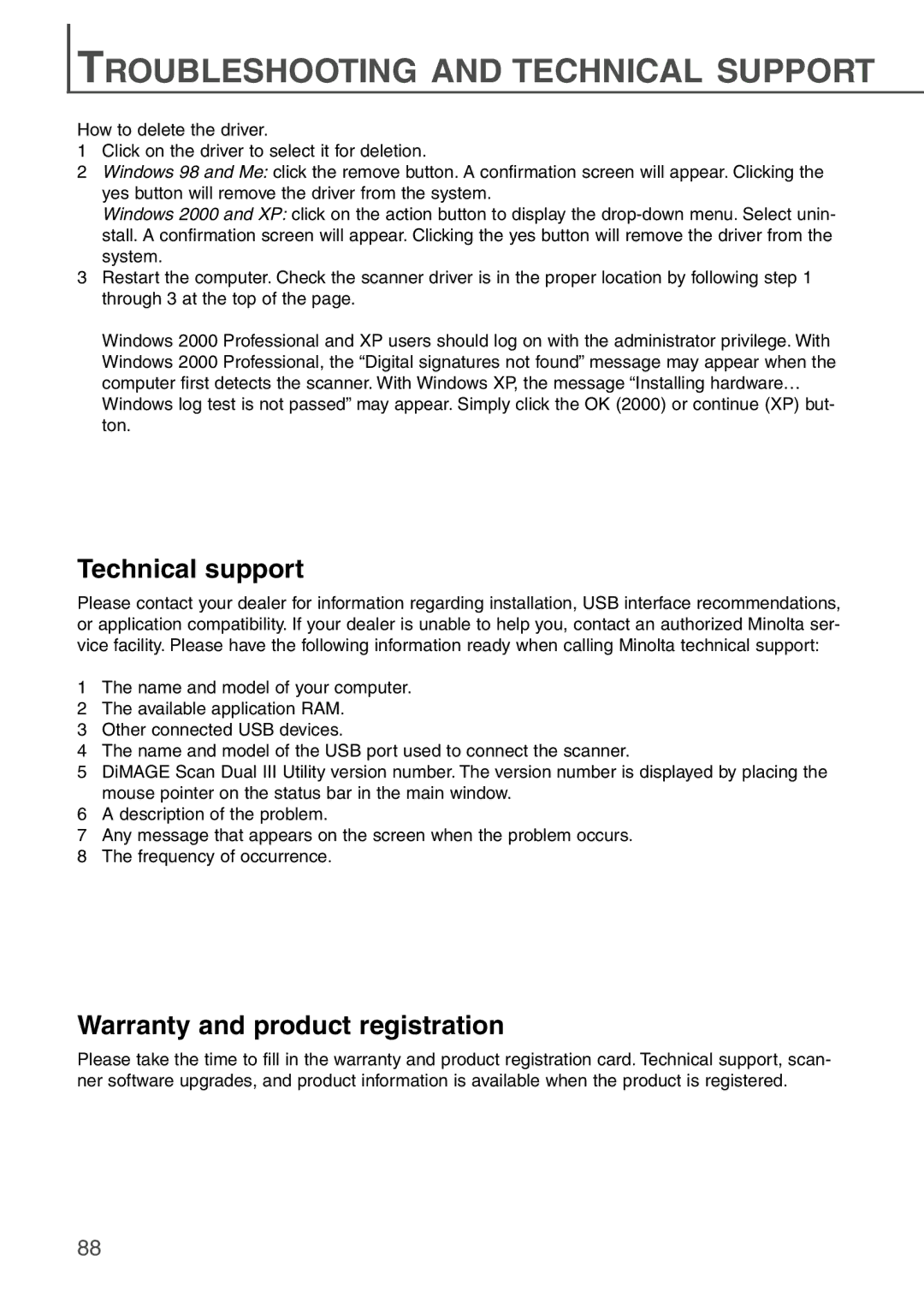 Konica Minolta AF-2840 instruction manual Technical support, Warranty and product registration 