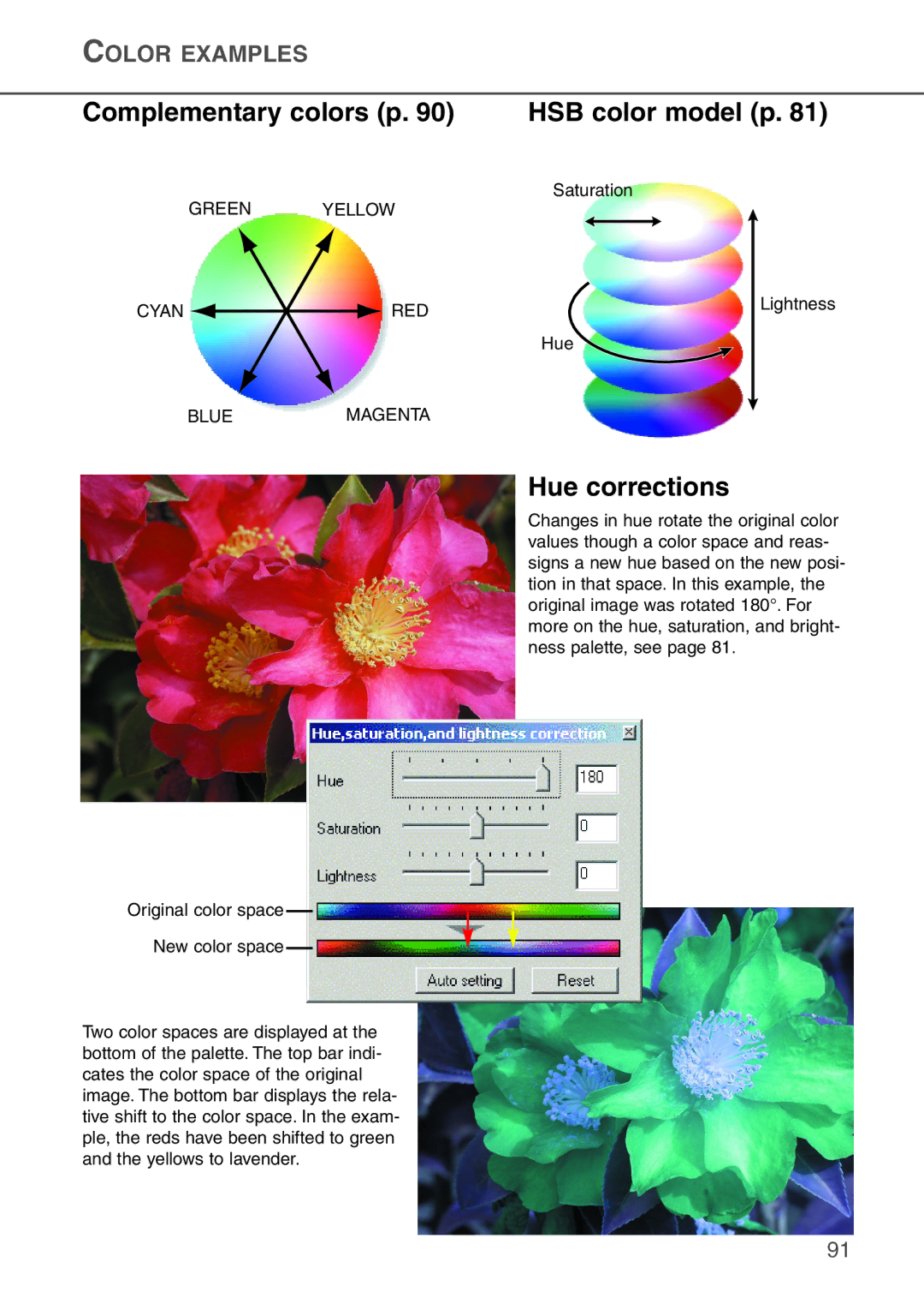 Konica Minolta AF-2840 instruction manual Complementary colors p, HSB color model p, Hue corrections 