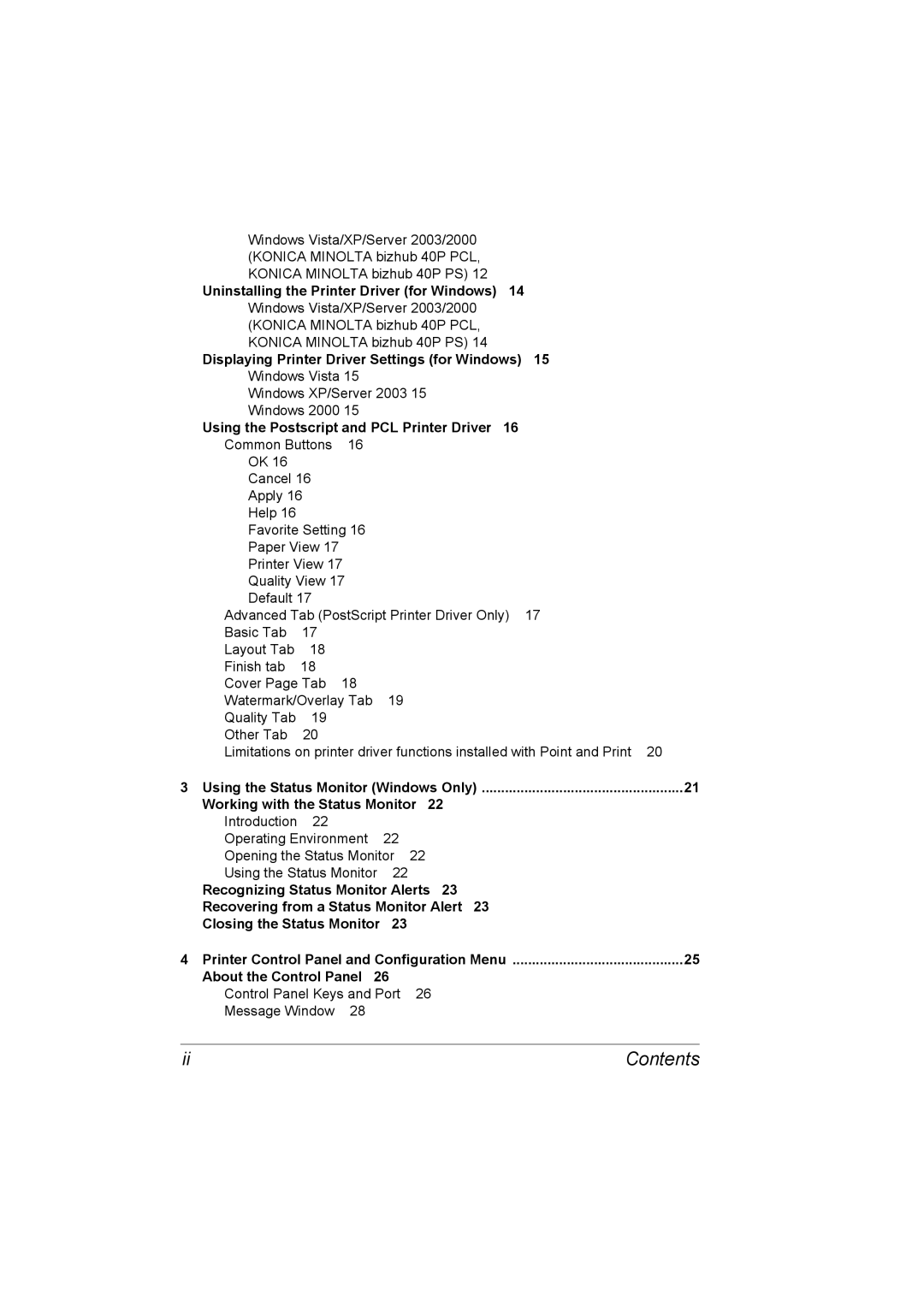 Konica Minolta bizhub 40p Uninstalling the Printer Driver for Windows, Displaying Printer Driver Settings for Windows 