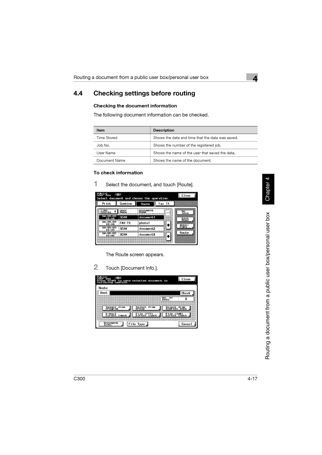 Konica Minolta bizhub C300 manual Checking settings before routing, Checking the document information, To check information 