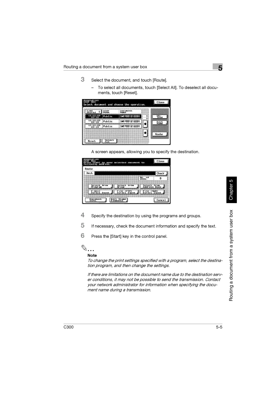 Konica Minolta bizhub C300 manual Routing a document from a system user box Chapter 