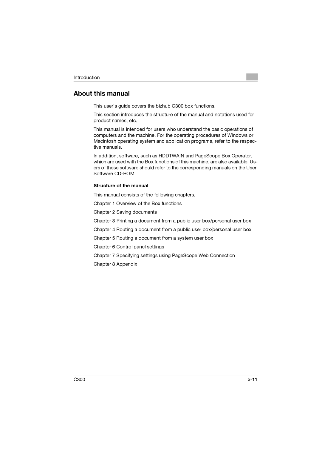 Konica Minolta bizhub C300 About this manual, Structure of the manual 