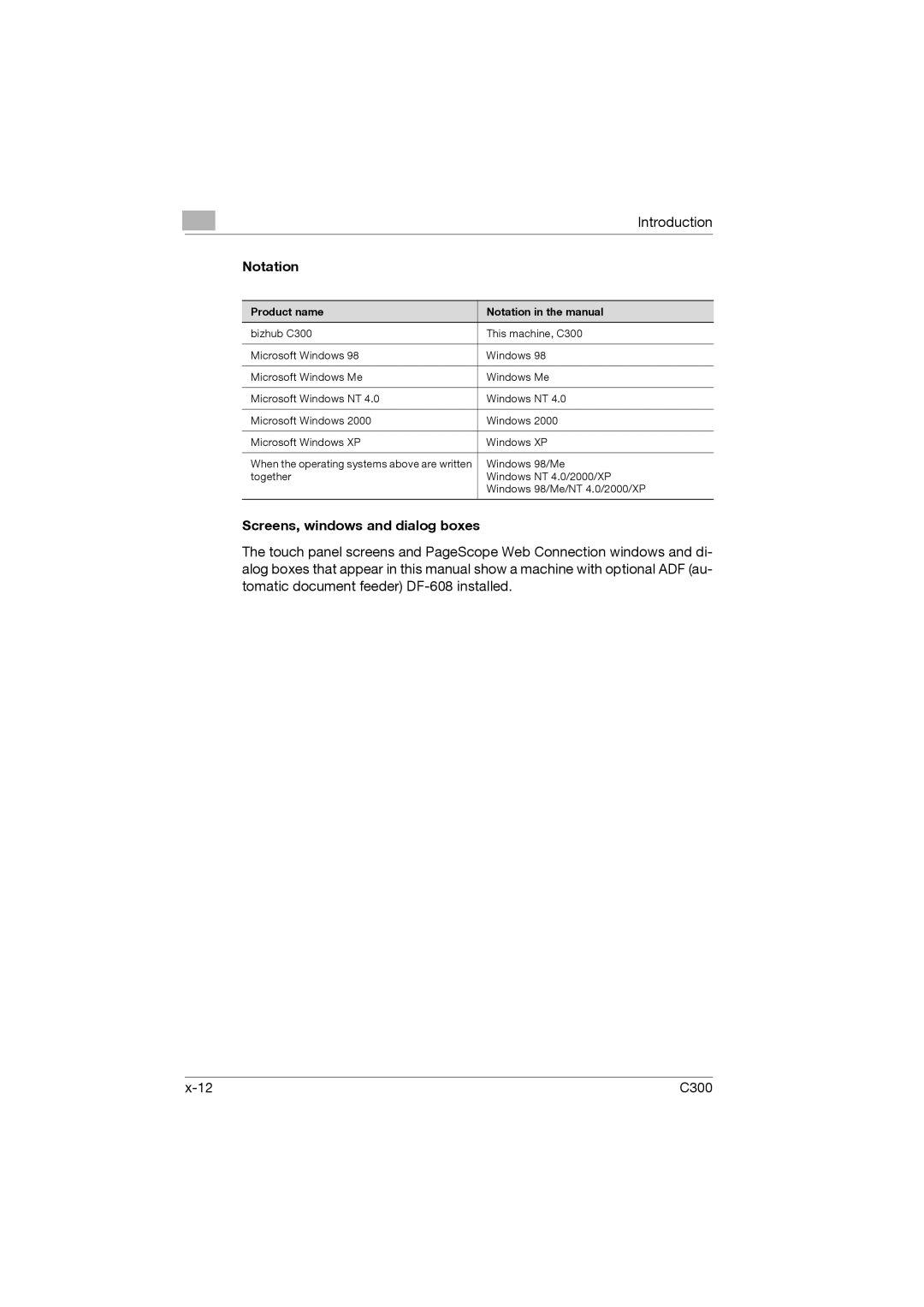 Konica Minolta bizhub C300 Screens, windows and dialog boxes, Product name Notation in the manual 