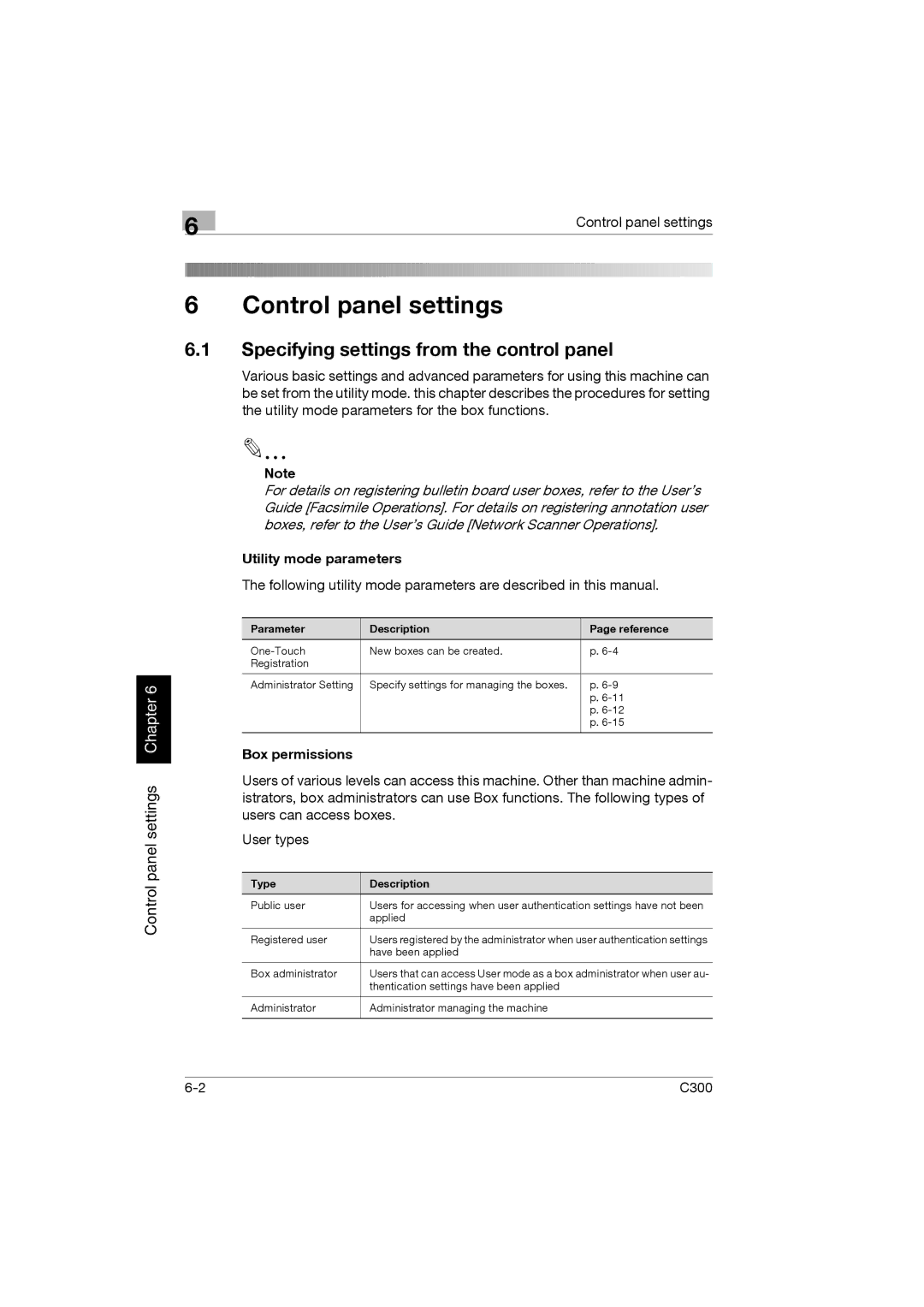 Konica Minolta bizhub C300 manual Specifying settings from the control panel, Utility mode parameters, Box permissions 