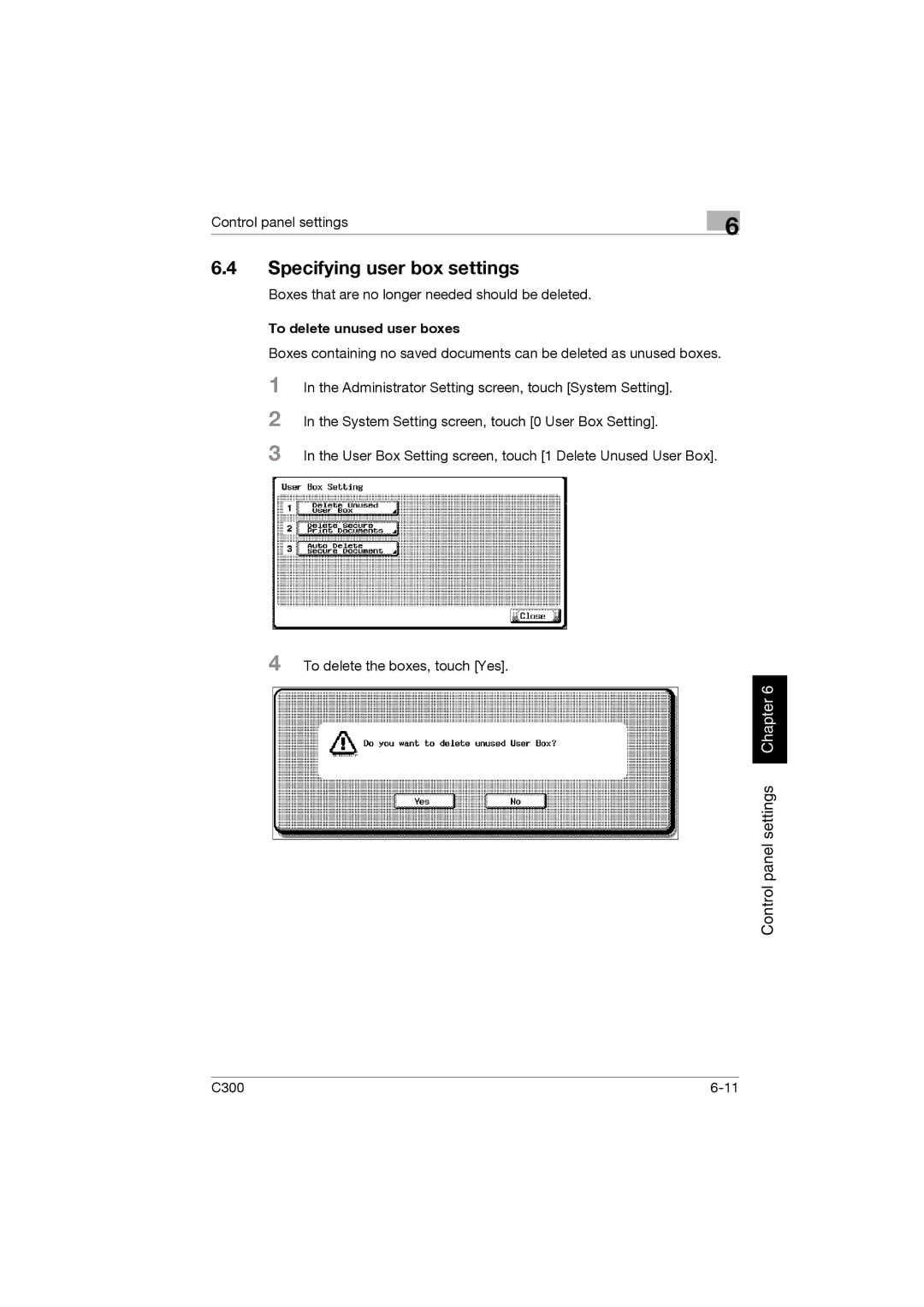 Konica Minolta bizhub C300 manual Specifying user box settings, To delete unused user boxes 