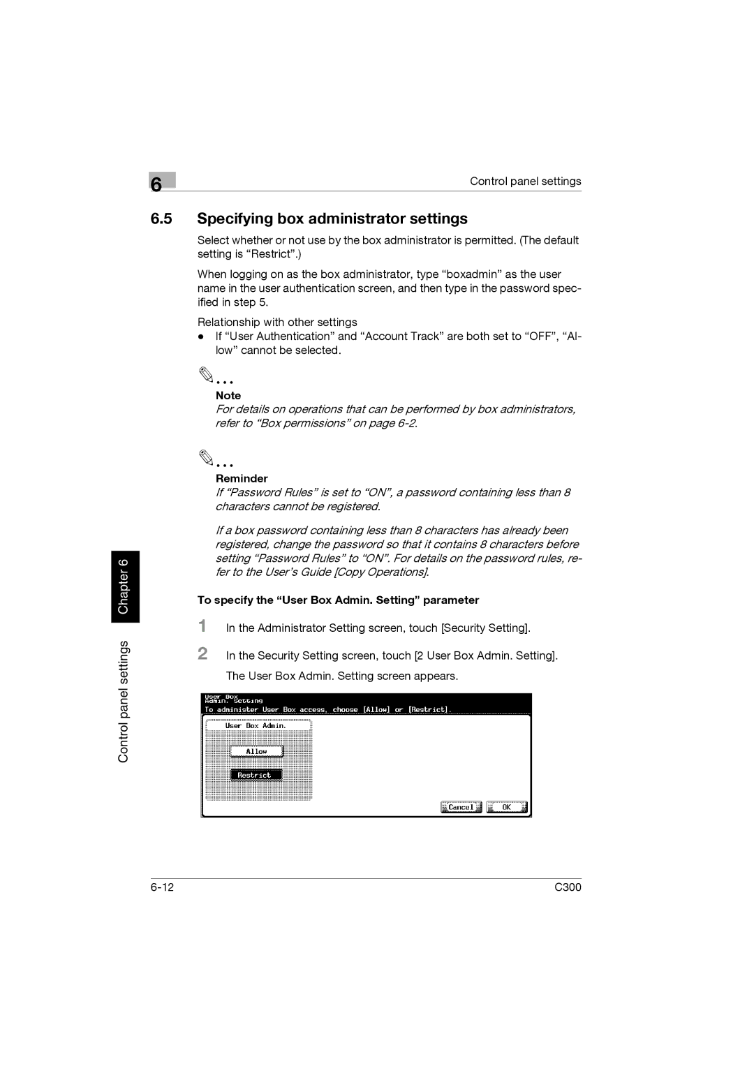 Konica Minolta bizhub C300 manual Specifying box administrator settings, To specify the User Box Admin. Setting parameter 