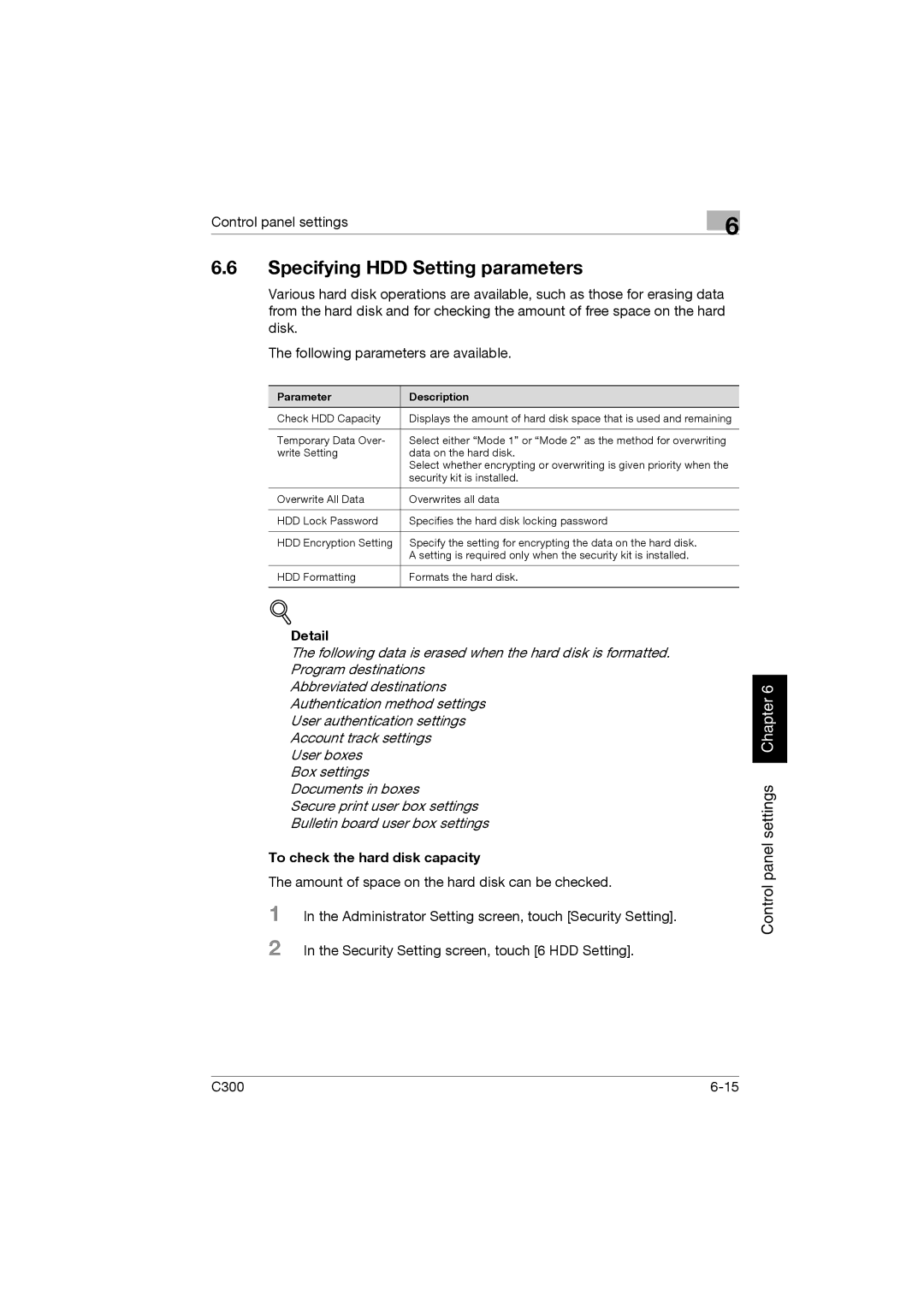 Konica Minolta bizhub C300 manual Specifying HDD Setting parameters, To check the hard disk capacity, Parameter Description 