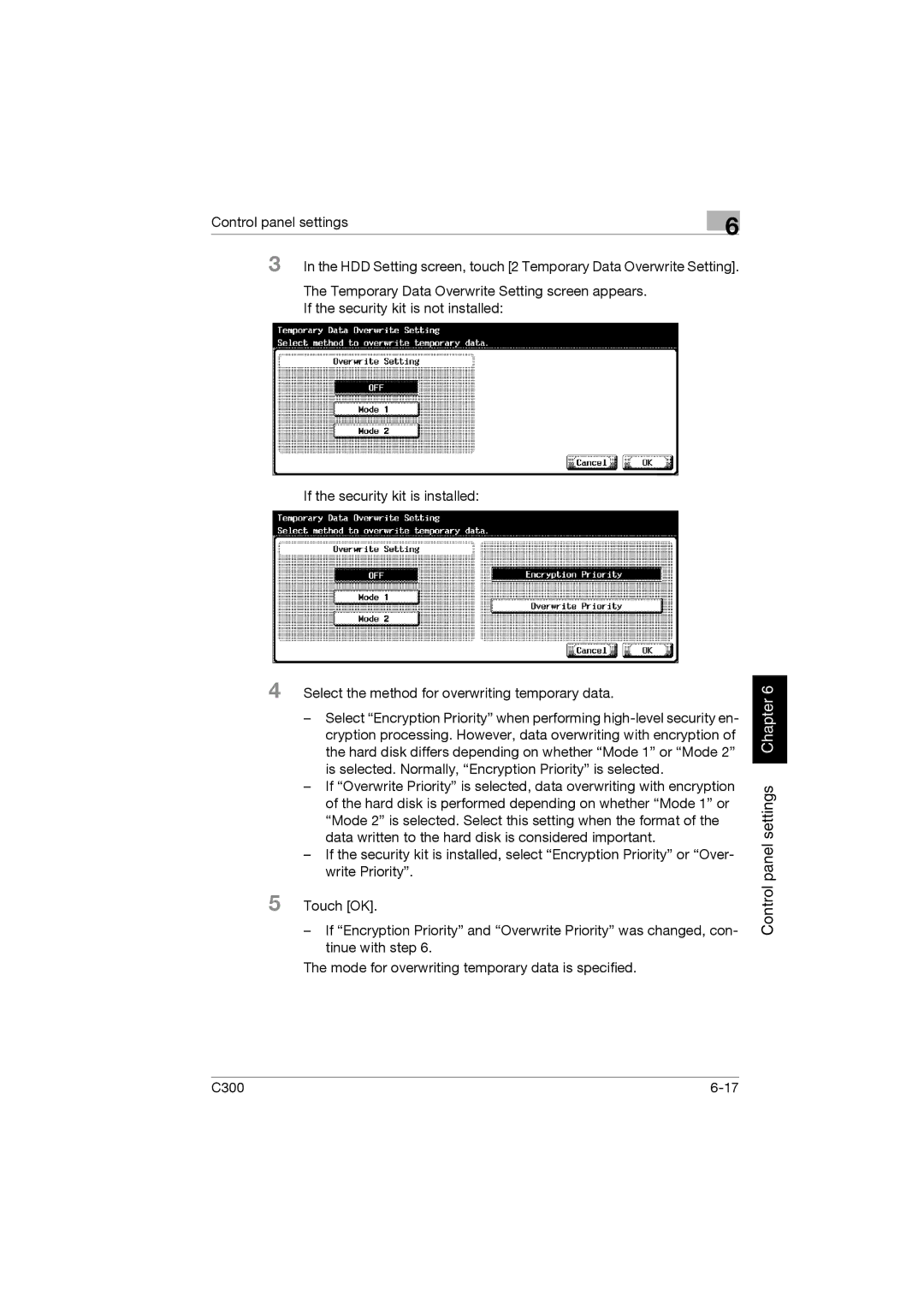 Konica Minolta bizhub C300 manual Control panel settings Chapter 