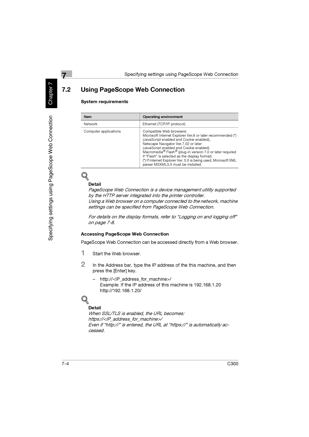 Konica Minolta bizhub C300 manual Using PageScope Web Connection, System requirements, Accessing PageScope Web Connection 