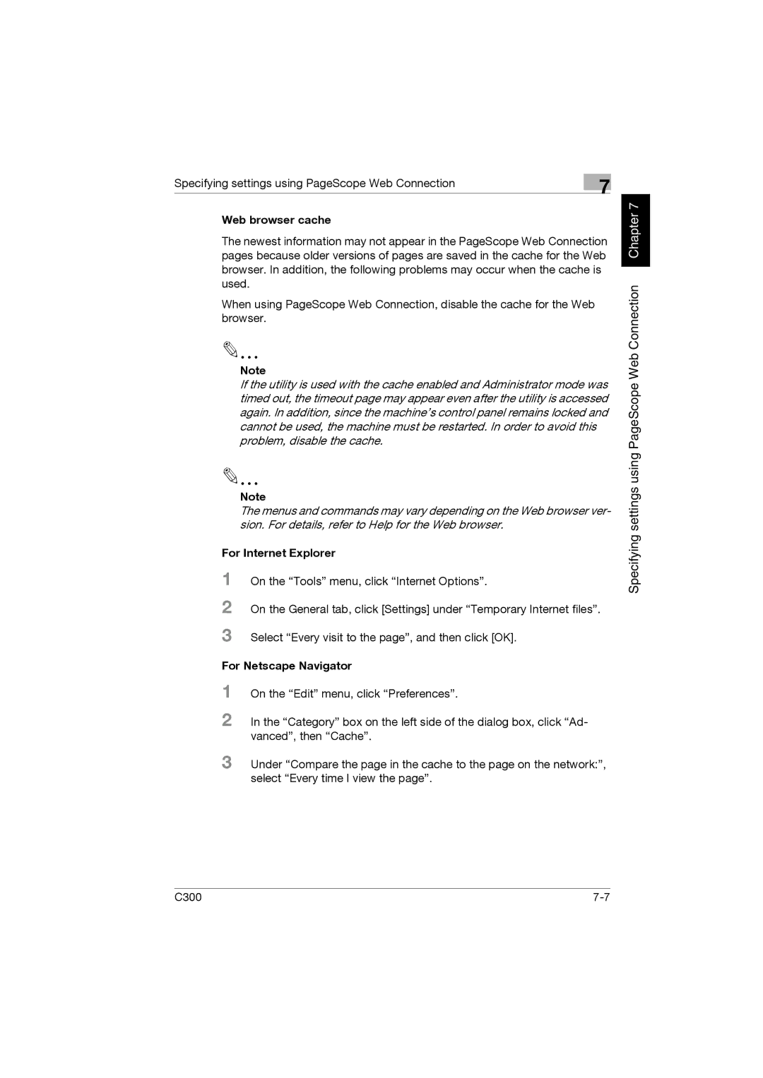 Konica Minolta bizhub C300 manual Web browser cache, For Internet Explorer, For Netscape Navigator 