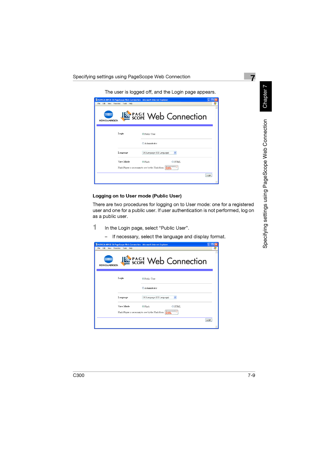 Konica Minolta bizhub C300 manual Logging on to User mode Public User 