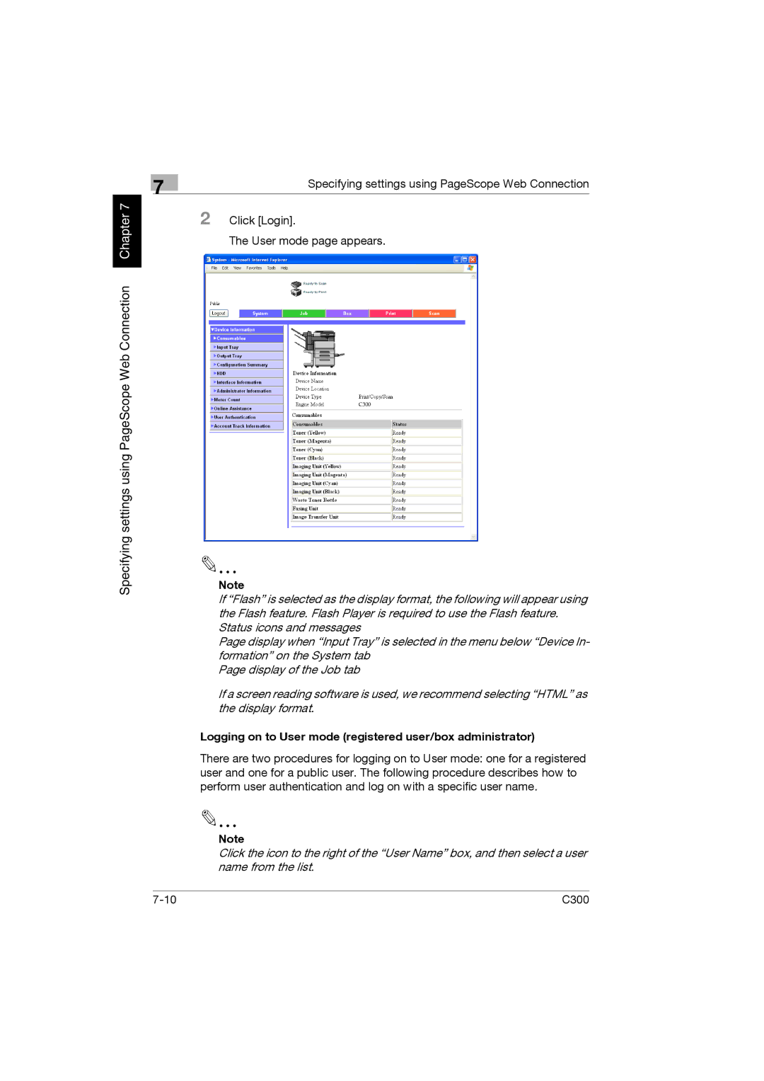 Konica Minolta bizhub C300 manual Logging on to User mode registered user/box administrator 